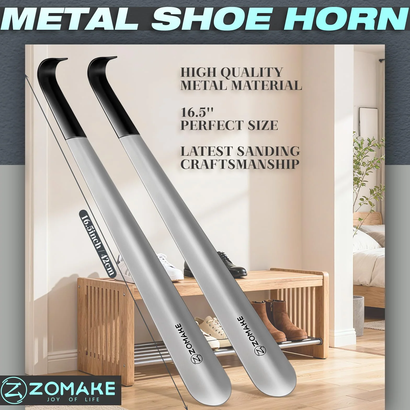 ZOMAKE Łyżka Do Butów Metalowa Długa 2Szt,Długa Łyżka Do Buty Ze Stali Nierdzewnej 42cm - Srebrna Łyżka Do Stóp Długa Stajnia Z Gumowym Pokrowcem Dla Seniorów (42cm 2Szt)