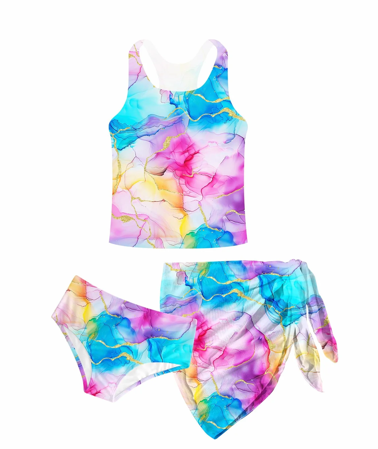 Kids4ever Dziewczęcy kostium kąpielowy 3 szt. zestaw bikini tankini z okryciem dla dzieci 8-14 lat