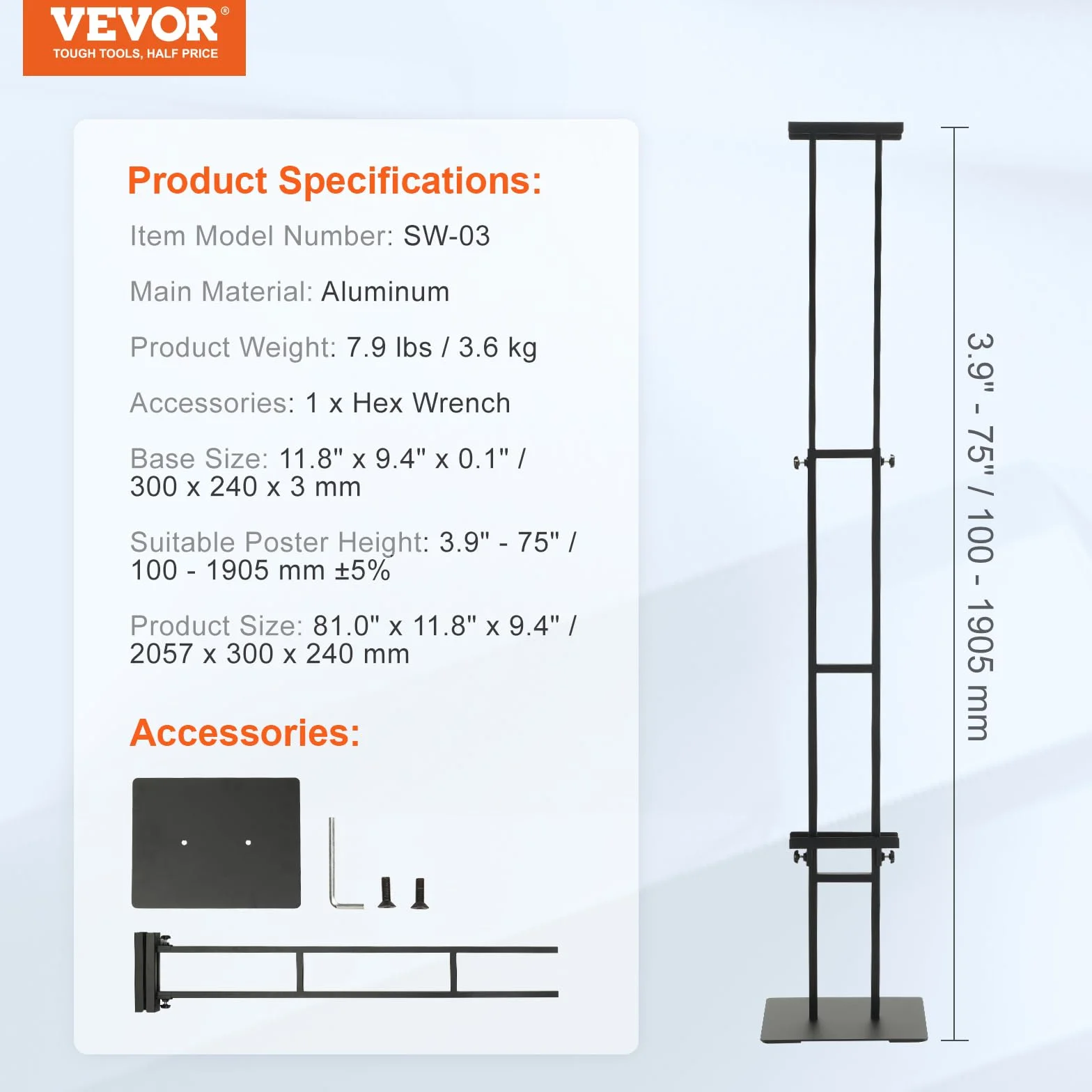 VEVOR Uchwyt na plakat 10-190,5 mm, regulowana wysokość, dwustronny, aluminiowy panel wyświetlacza ze stabilną metalową podstawą, do menu informacji, ślub, restauracja, muzeum, sklep