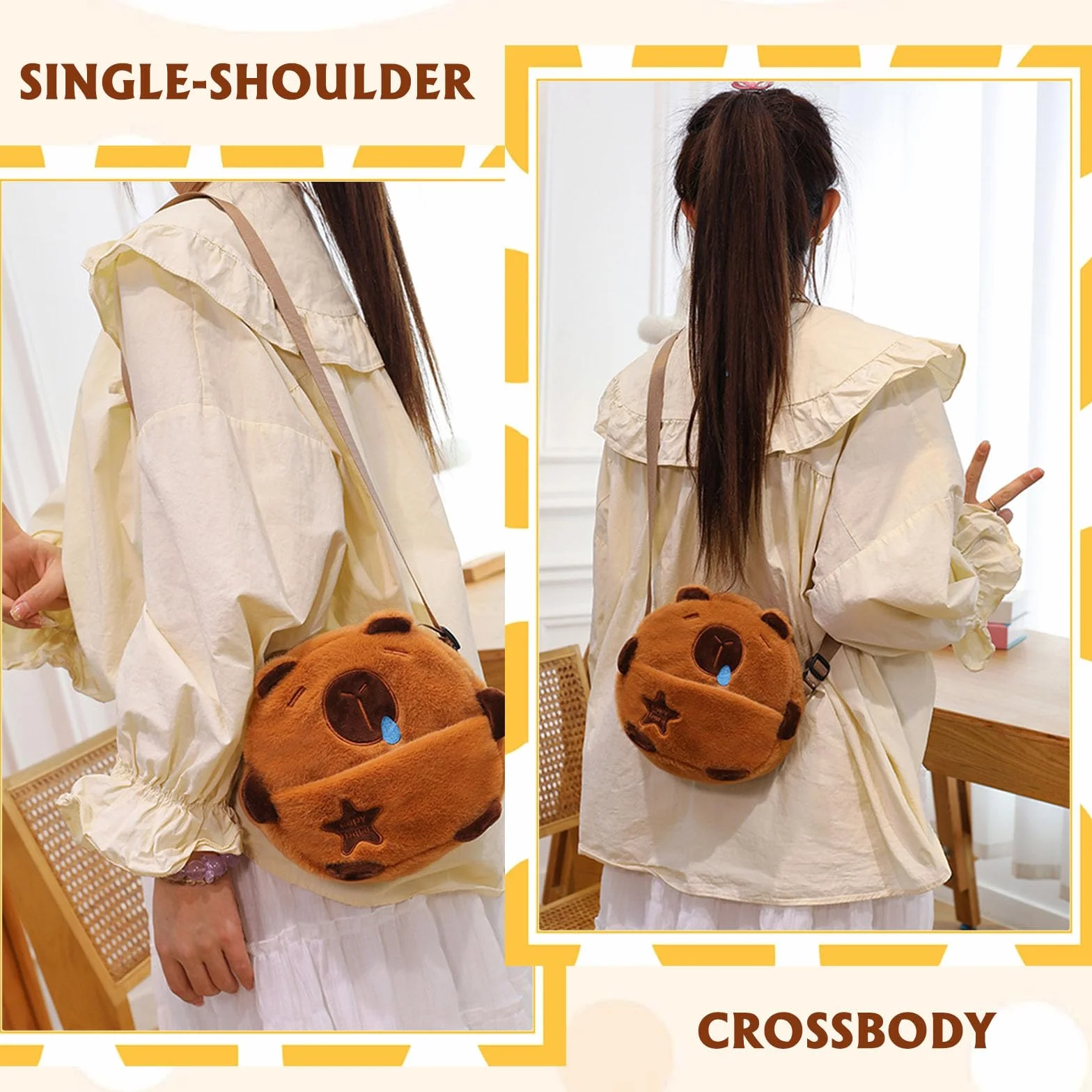 Capibara Pluszowa torba na ramię dla dziewcząt, śliczne torebki dla dziewcząt, pluszowe Capibara Crossbody Kobieta, Capivara Crossbody Women, mała pluszowa torba z 10 szt. tymczasowych tatuaży