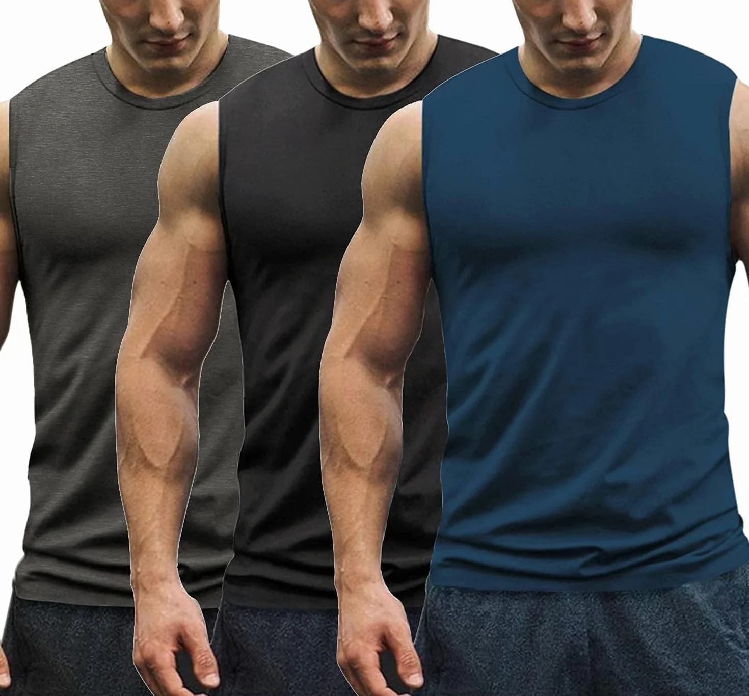 COOFANDY Męski podkoszulek, 3 szt., bez rękawów, podkreślający mięśnie, sportowy, fitness, okrągły dekolt