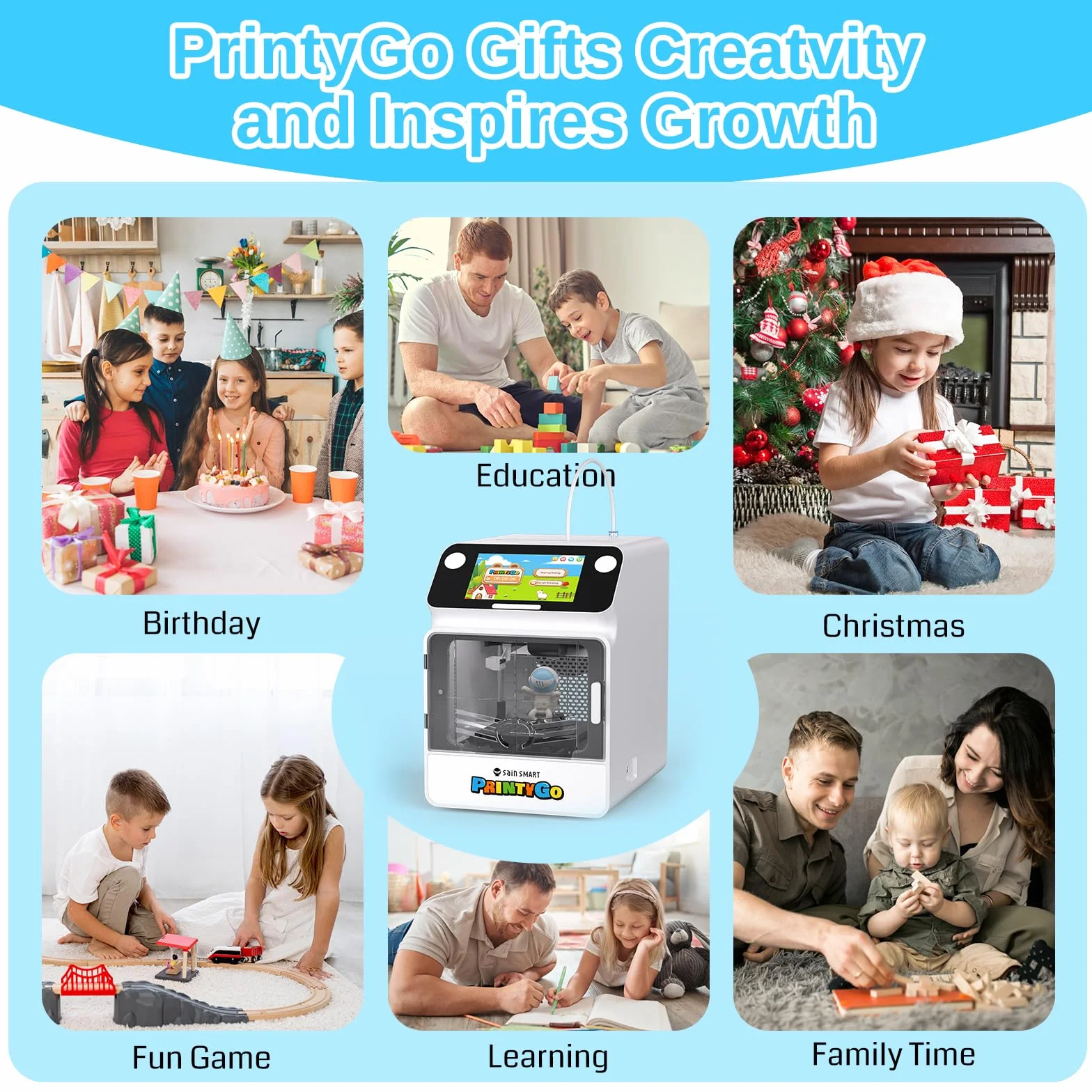 Drukarka 3D PrintyGo Mini dla dzieci, drukarka z automatycznym poziomowaniem 600 mm/s dla początkujących, bezpieczna dla dzieci konstrukcja, sterowanie przez Wi-Fi/aplikację, prezent do nauki STEM