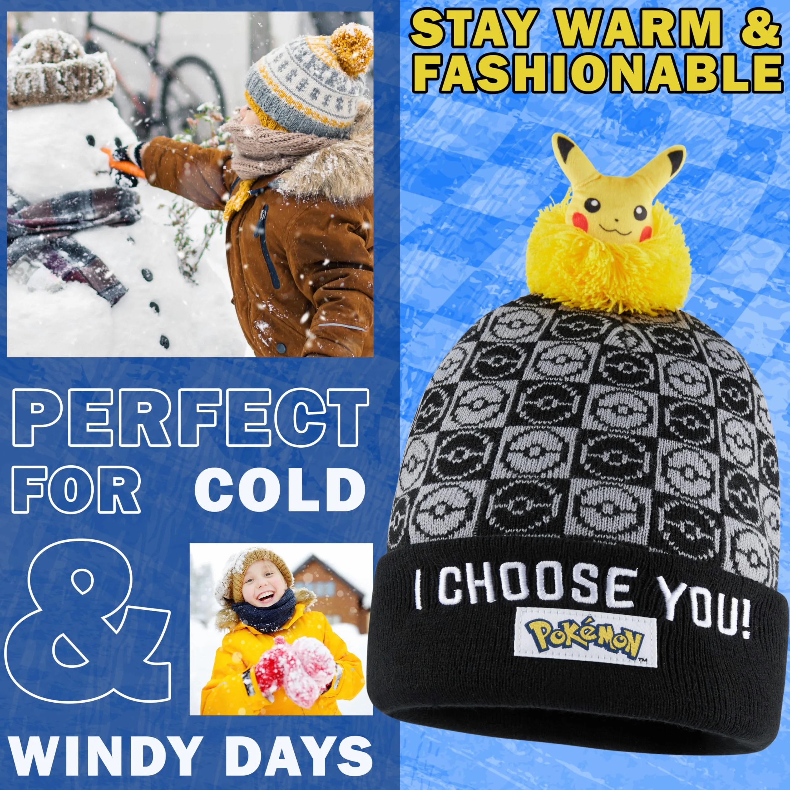 Pokemon dziecięca czapka beanie, przytulna dzianinowa czapka zimowa, jeden rozmiar, prezenty dla dzieci
