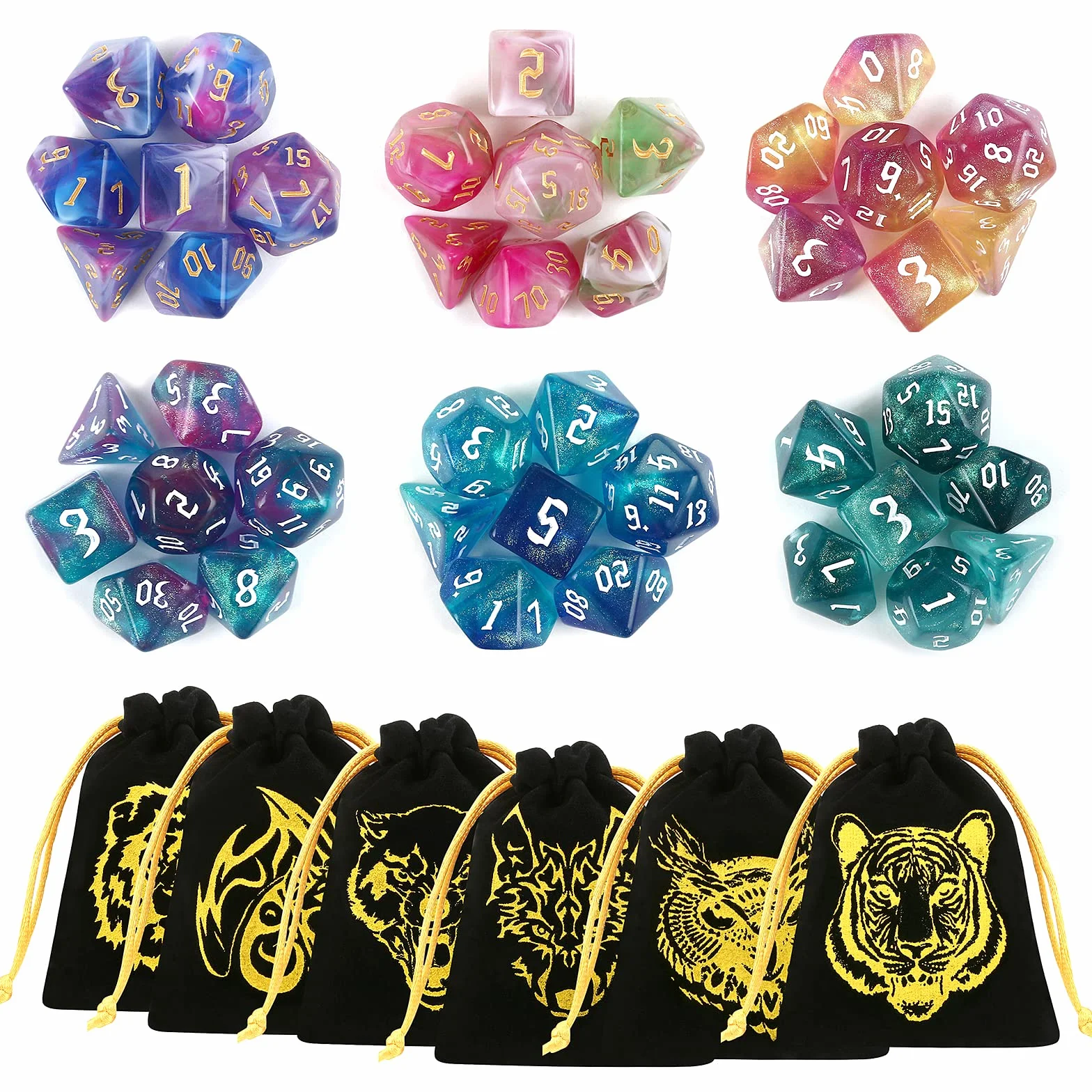 LEMESO zestaw 42 kostek wielościennych – 6 zestawów po 7 kostek, zestaw kostek do gry w lochy i smoki DND RPG MTG – w zestawie 6 aksamitnych woreczków (D20 D12 D10 D8 D6 D4)