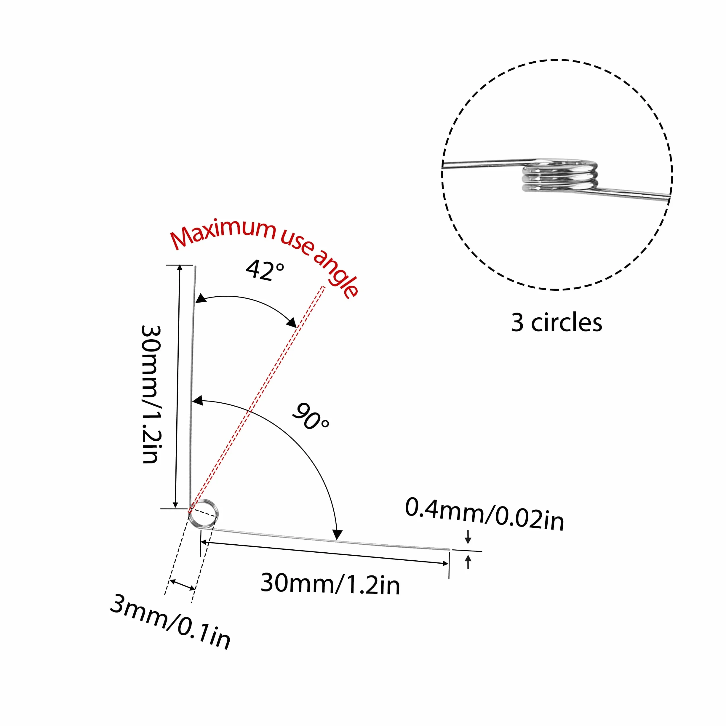 10 sztuk sprężyn skrętnych ze stali nierdzewnej, średnica drutu 0,4 mm, średnica wewnętrzna 3 mm, długość ramienia 30 mm, kąt 90°, 3 obroty proste 0,4x3x30 mm