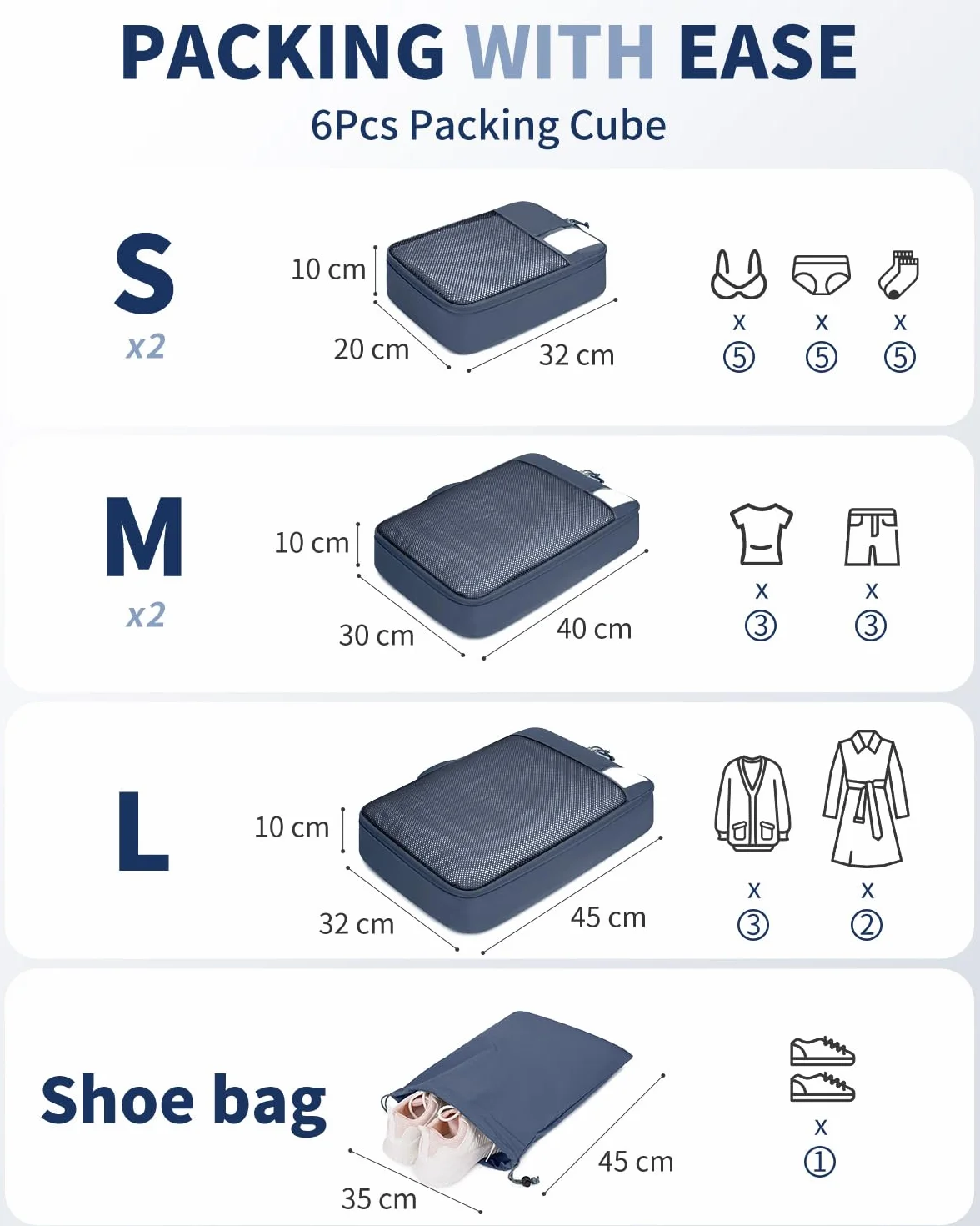 ECOHUB Zestaw Organizerów do Walizki 6 szt., Kostki do Pakowania z Etykietą ID, Ekologiczne Packing Cubes, Lekkie Torby Podróżne do Plecaka, System Porządkowania Bagażu(Ciemnoniebieski)