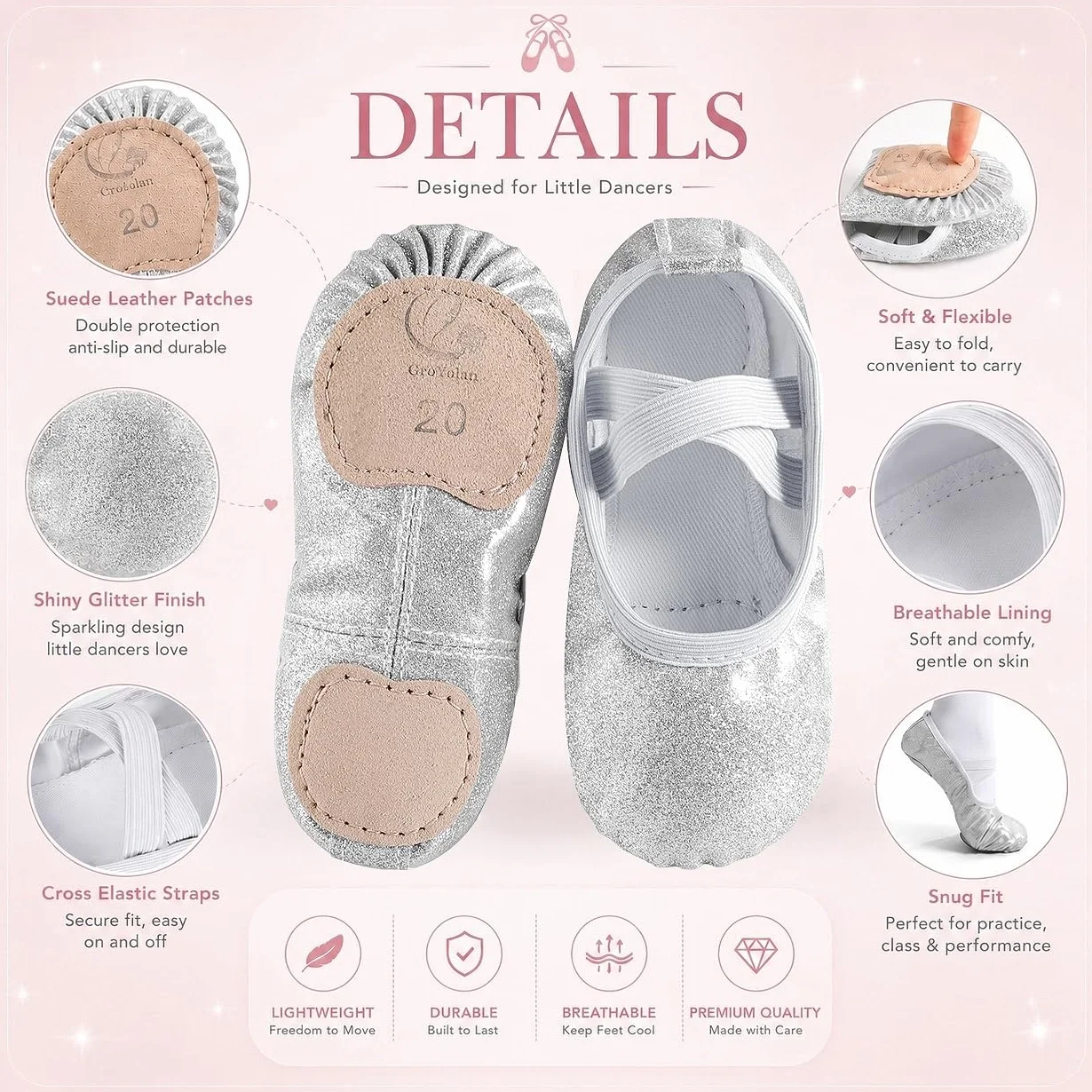 Błyszczące dziewczęce buty baletowe, baletki, baleriny, buty do tańca, występu, gimnastyki