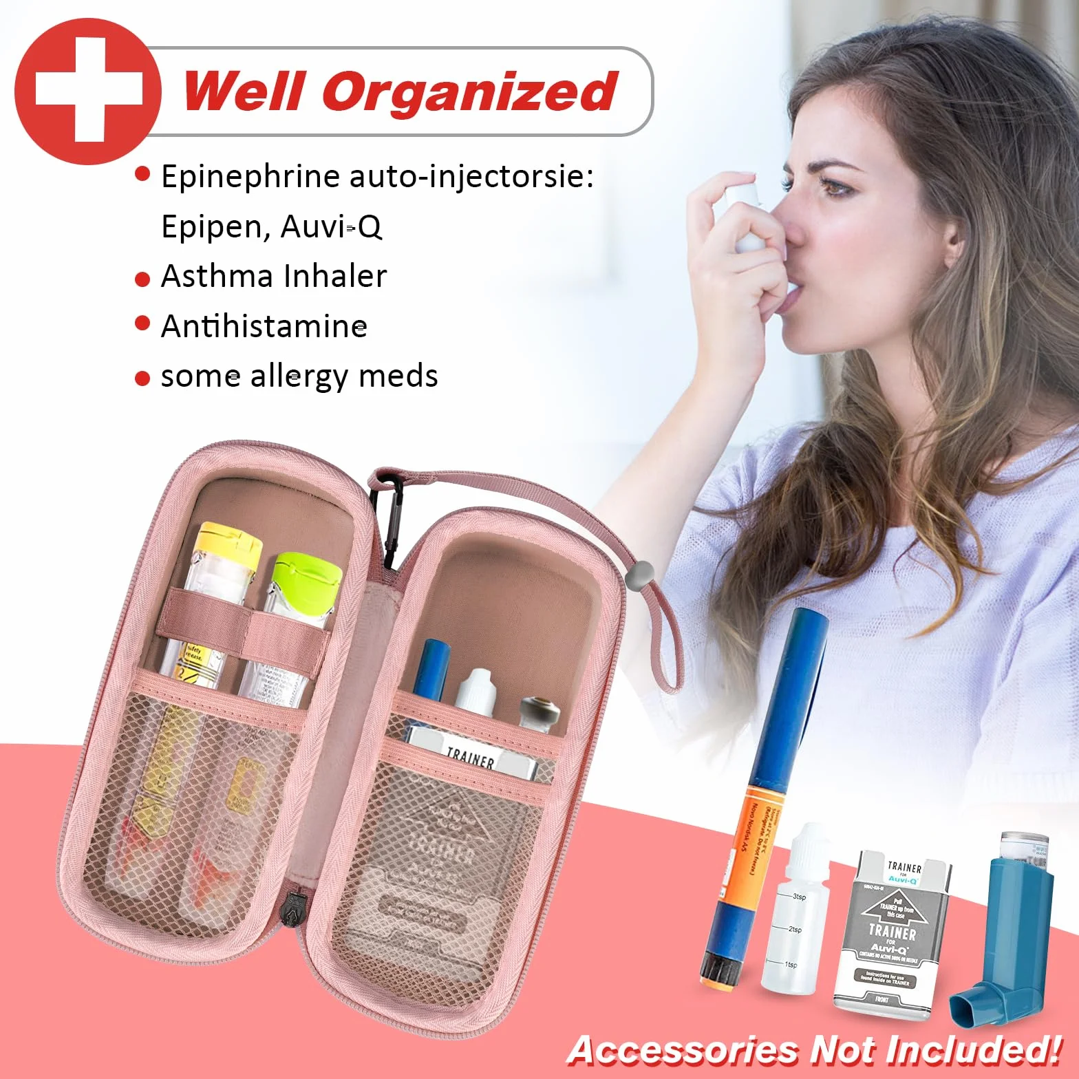 MEDMAX EpiPen Bolsa de Viaje, Rígido Concha Dura Estuche, Portátil Medicamentos Organizador para 2 EpiPens, Asthma Inhaler, Anti-Histamine, Auvi-Q, Allergy Medicine Essentials, (Oro Rosa)