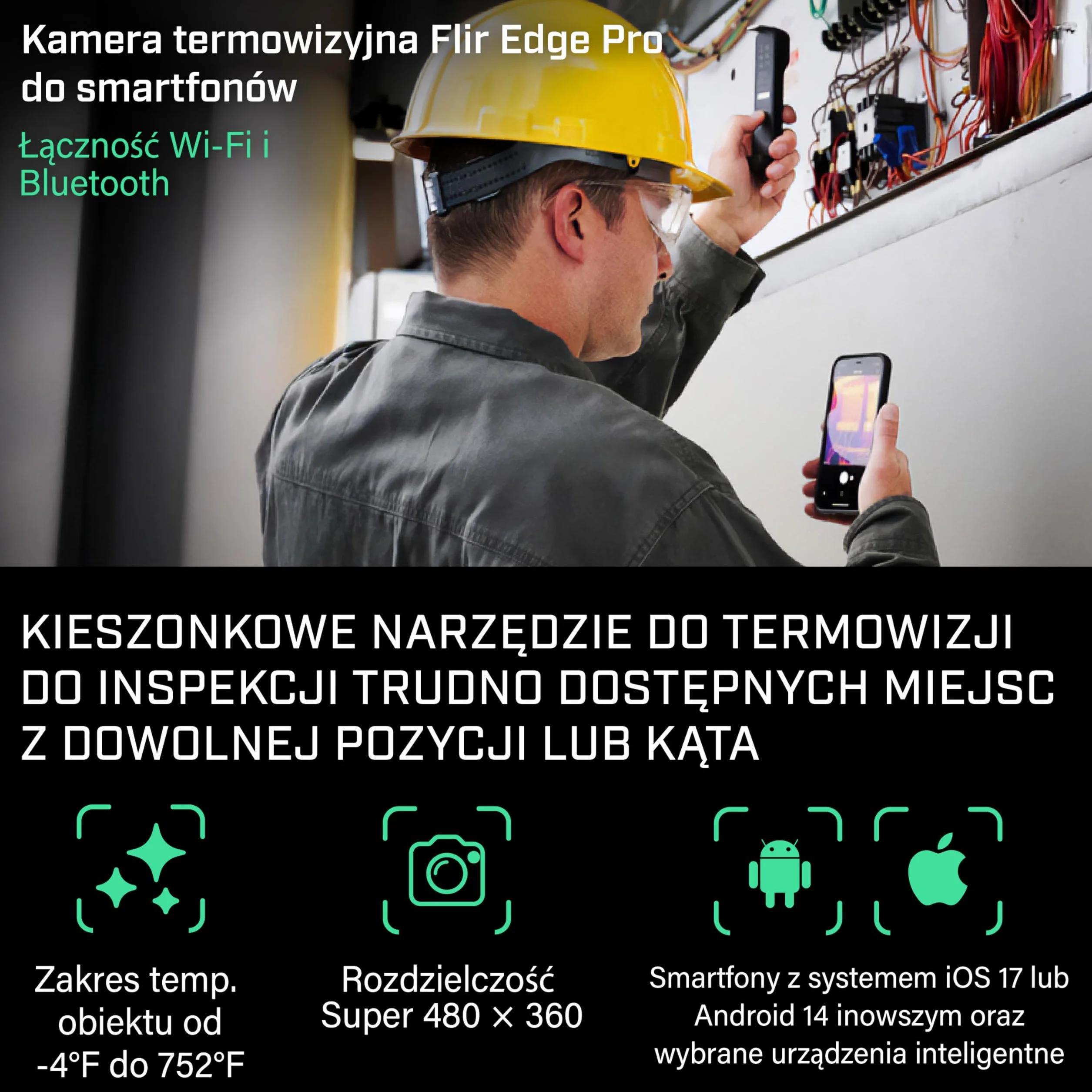 FLIR EDGE Pro - Bezprzewodowa Kamera Termowizyjna Bluetooth Do Smartfonów, Kompatybilna Ze Wszystkimi UrząDzeniami Z Systemem iOS I Android, Superrozdzielczość 320x240 (Natywna Podczerwień 160x120)