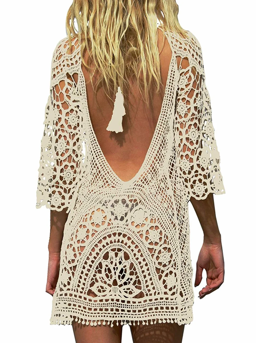 Sukienki plażowe, damskie, krótka sukienka, kostium kąpielowy, bikini, koronka, crochet cover up, Bez pleców, beżowy, M