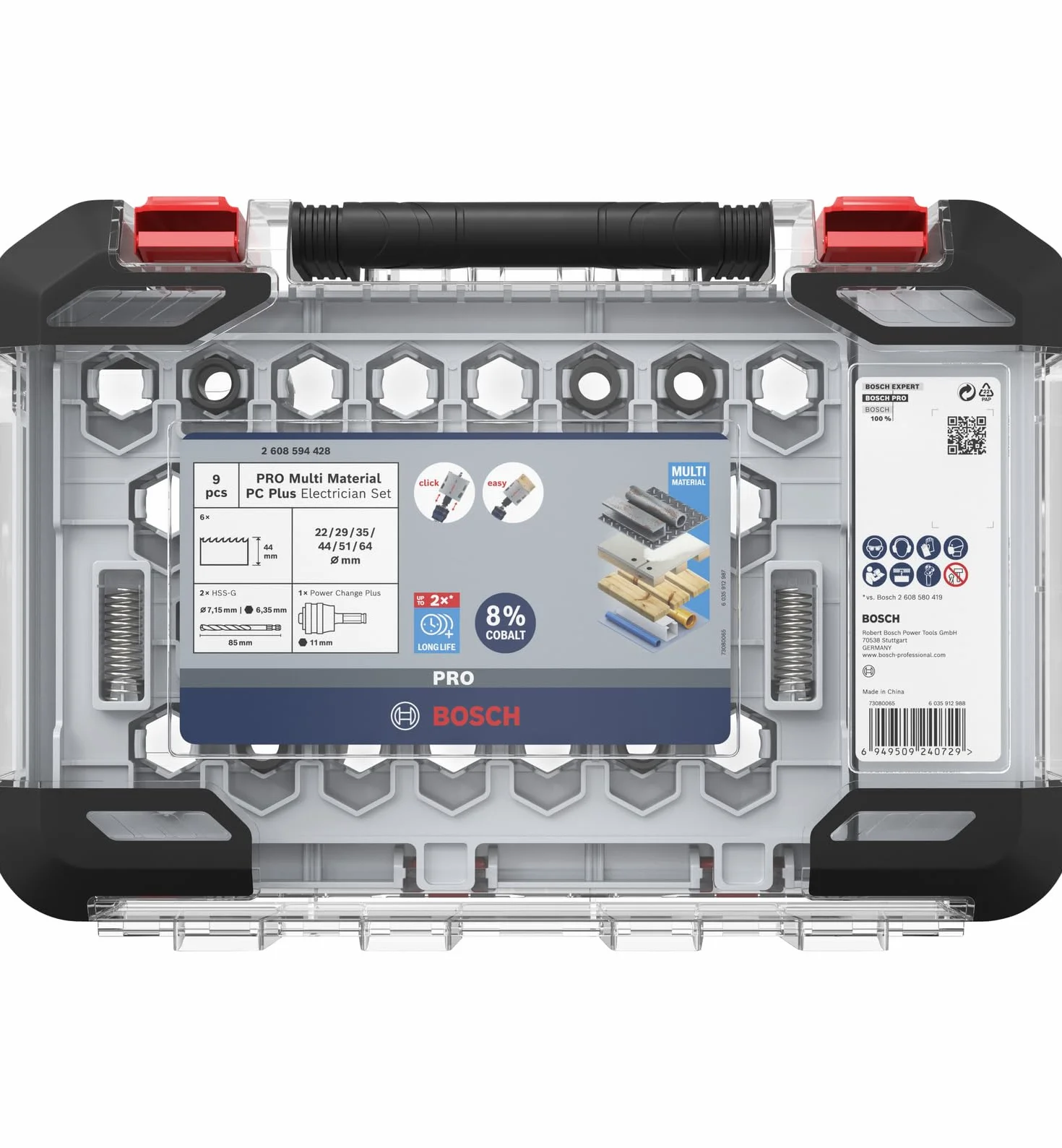 Bosch 9 x PRO Multi Material Power Change Plus zestaw otwornic – przezroczyste etui (do miękkiego drewna, płyt kartonowo-gipsowych, Ø 22, 29, 35, 44, 51, 64 mm, profesjonalne akcesoria do