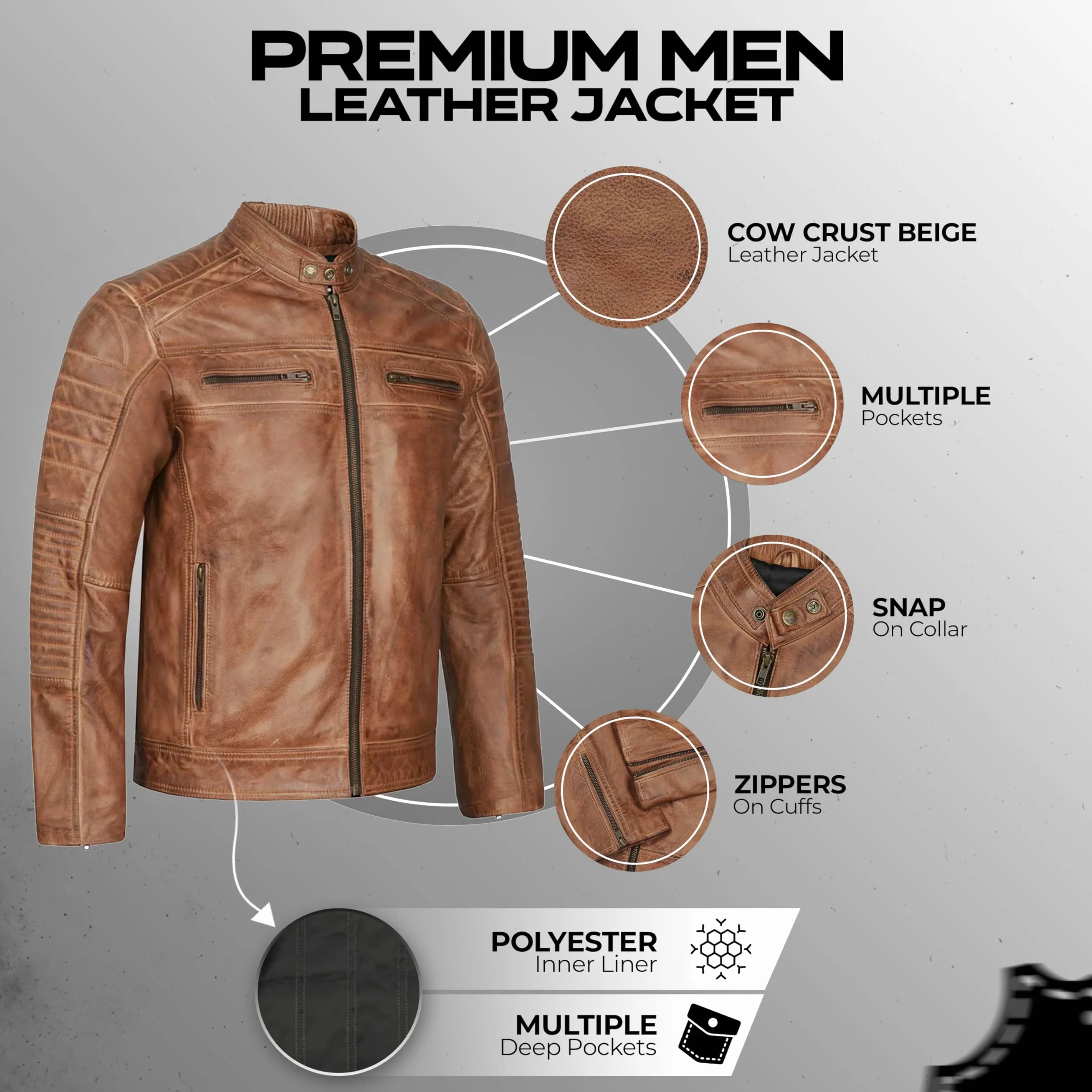 Leatherick Męska skórzana kurtka - postarzana brązowa skóra bydlęca styl retro vintage kurtka motocyklowa z wieloma kieszeniami