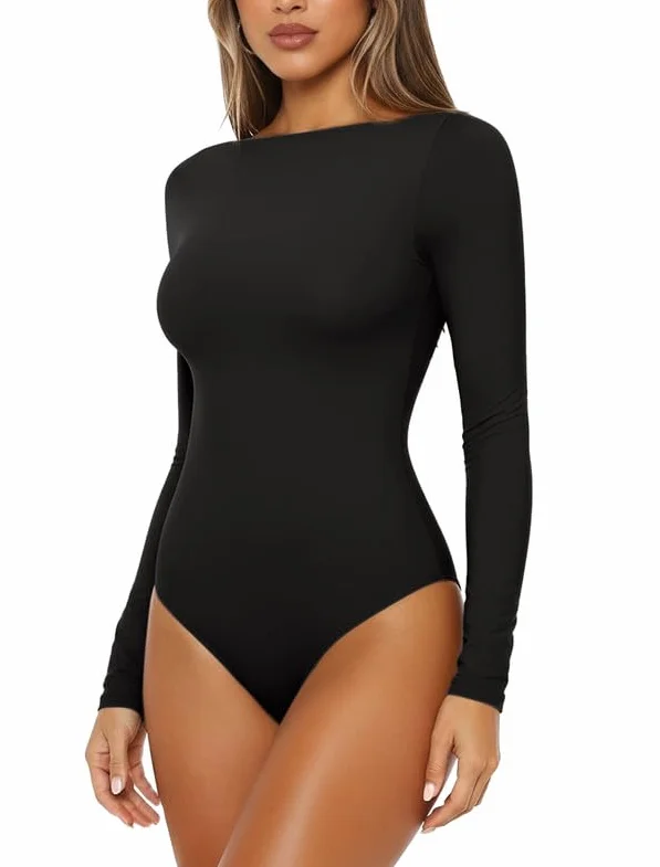 Damskie body z dekoltem w łódkę z długim rękawem body top na co dzień damski jednoczęściowy trykot tanga podstawowa bielizna modelująca body rozciągliwe miękkie wyjściowe topy slim fit