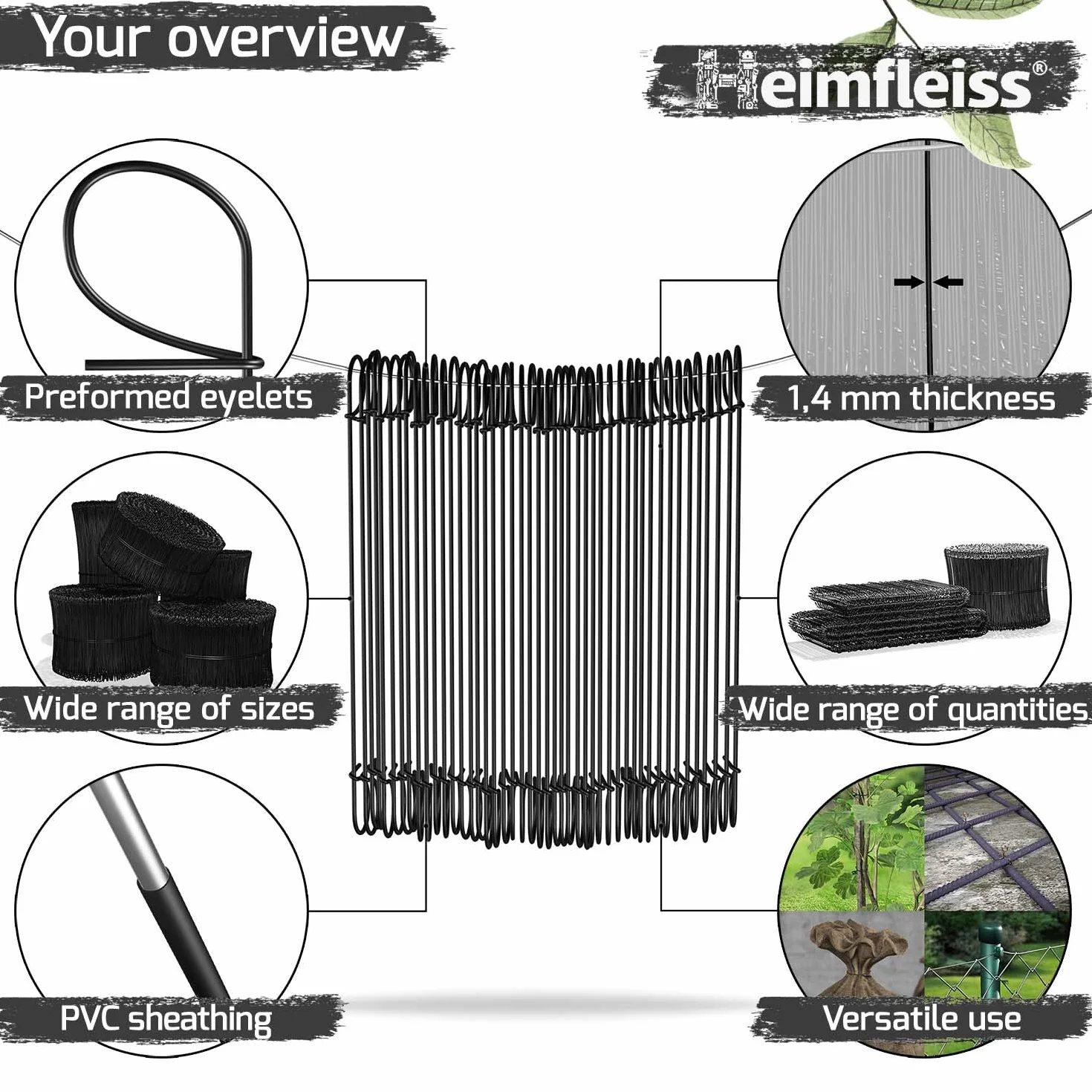 Heimfleiss® Drut rzymski zaizolowany w kolorze czarnym od 1,4 x 100 do 300 mm (1000 szt.) - nierdzewny drut do wiązania betonowego z Niemiec - drut oczkowy do zaciskania, szczypiec do drutów