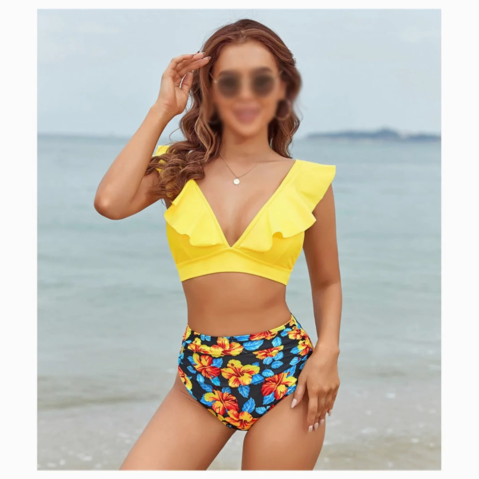 Dwuczęściowy zestaw bikini z wysokim stanem Strój kąpielowy Wzburzyć Kobieta Kobiety Kostiumy kąpielowe Stroje kąpielowe Strój kąpielowy (kolor: żółty, rozmiar: kod L) (żółty M)