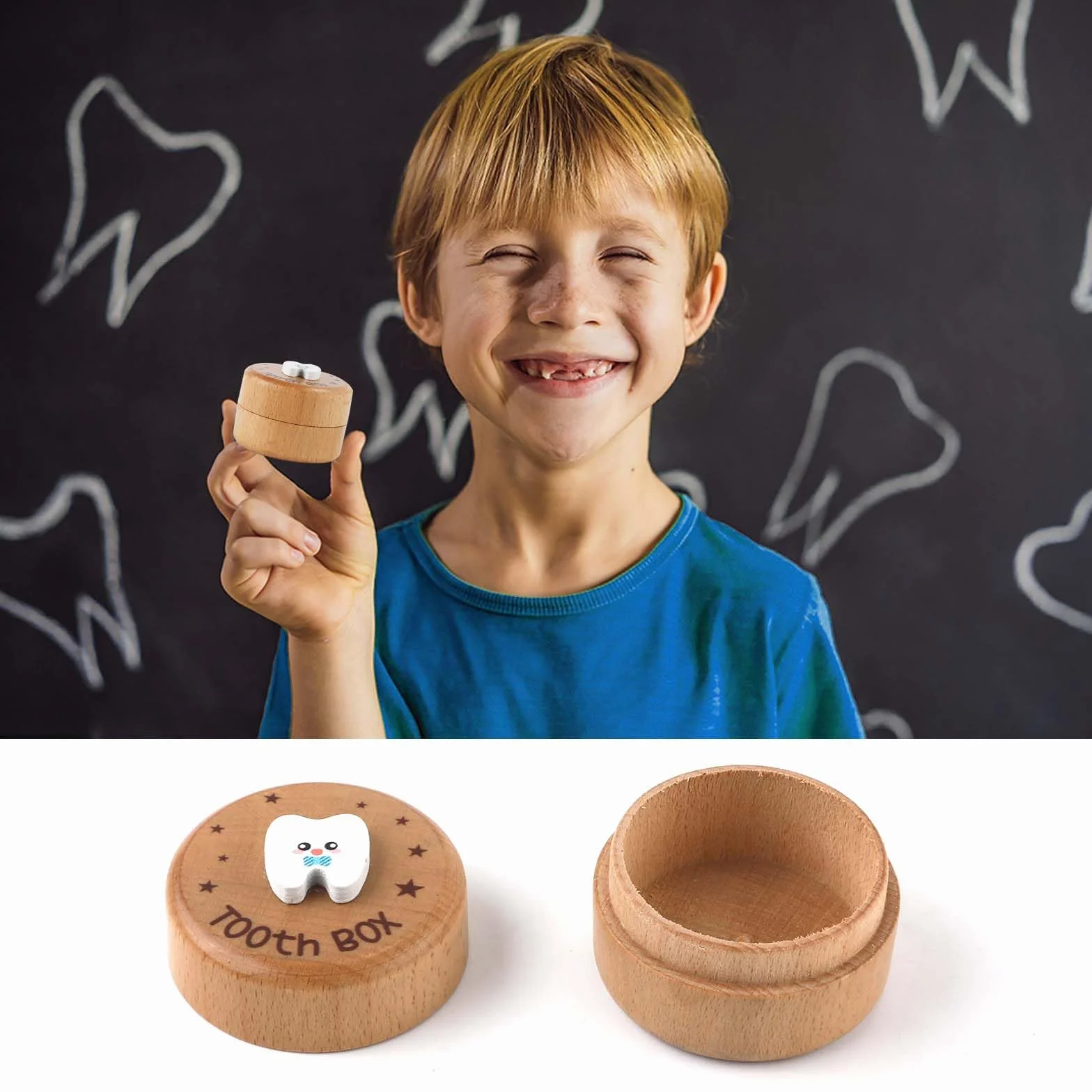 Drewniane Pudelko na Zeby, Tooth Box Sliczne 3D Bialy Zab Obraz Animowany Pojemnik Zeby Etui Nadrukiem Gwiazdki Przechowywania Upadlych Zebów dla Chlopca Dziewczyna Pamiatka Zebów