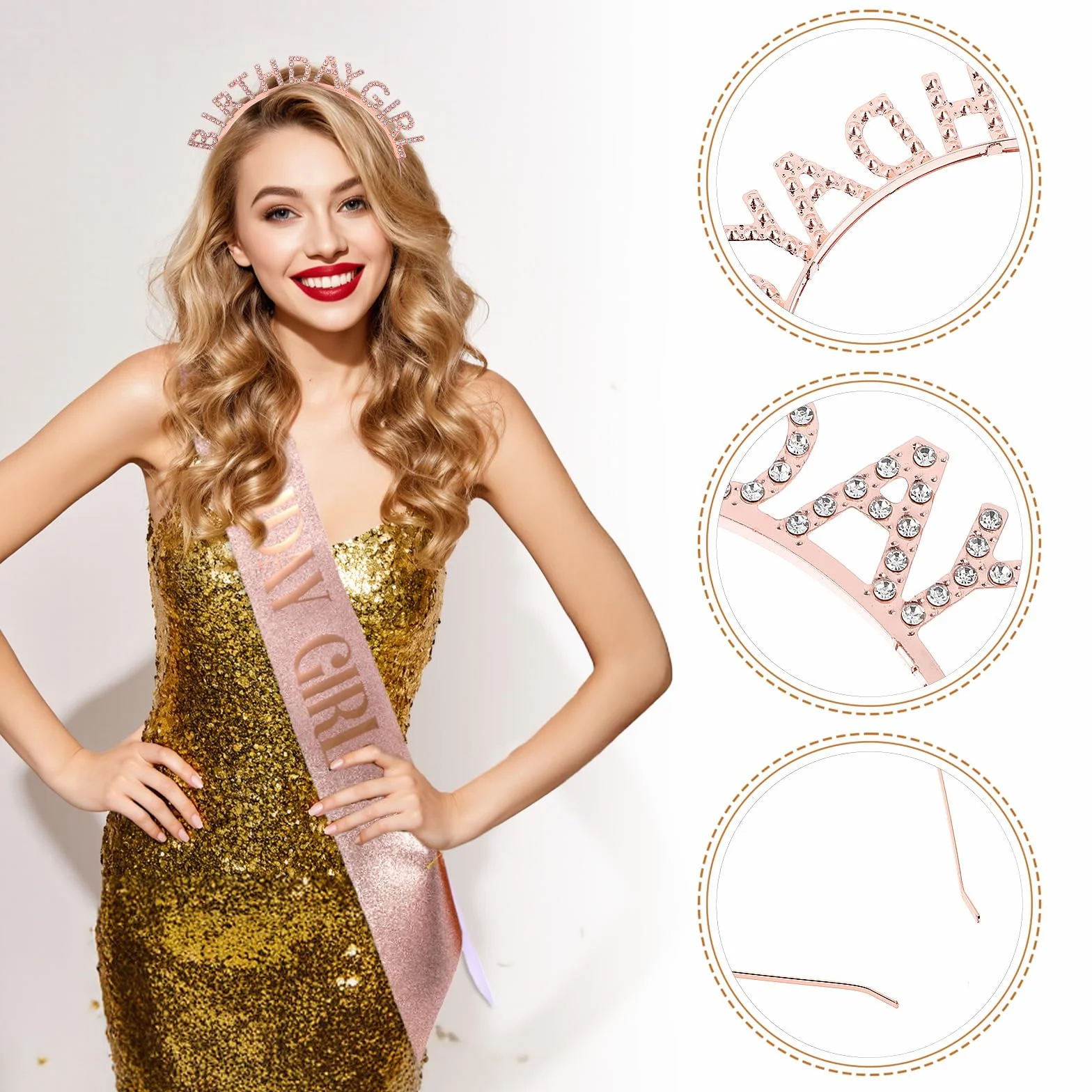 Korona urodzinowa dla dziewcząt, szarfa błyszcząca szarfa urodzinowa "birthday girl", szarfa dla dziewcząt, dla kobiet, na uroczystości, imprezę, bal absolwentów, dekoracja Happy Birthday, na