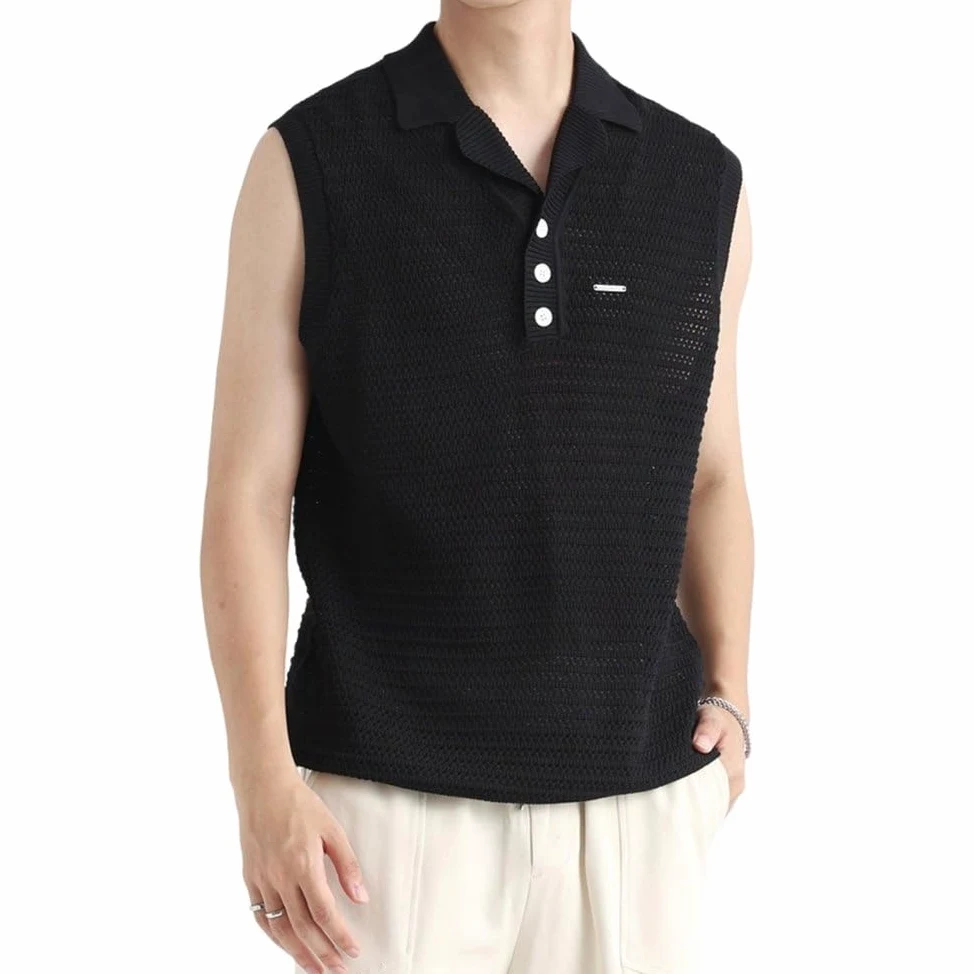 Męskie koszulki bez rękawów Hollow Out Knit Kołnierzyk polo Lekkie koszulki na co dzień