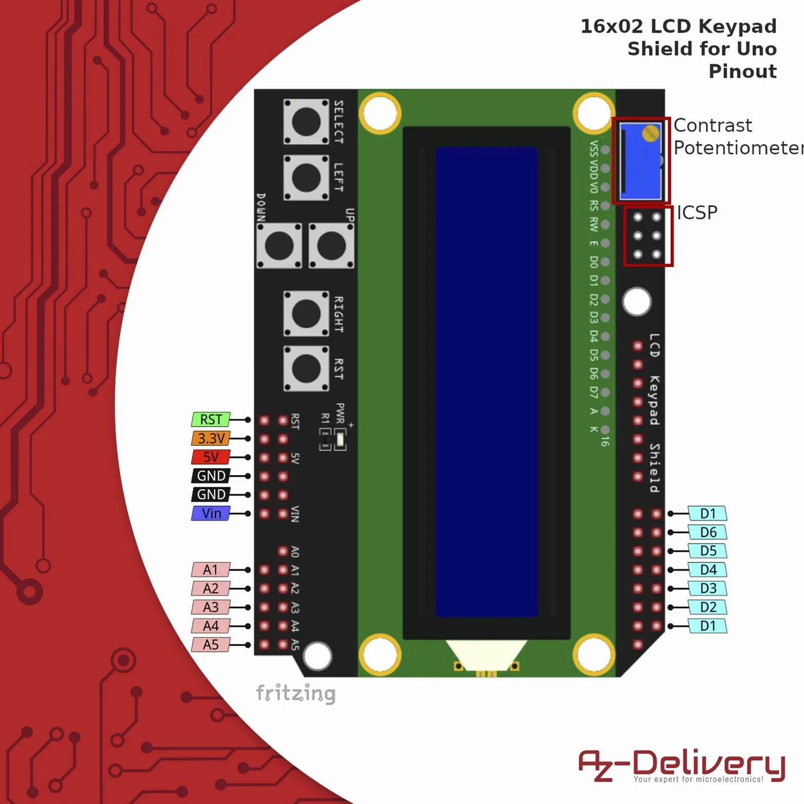 AZDelivery 1602 LCD Keypad Shield HD44780 1602 Moduł 2x16 znaków (z niebieskim tłem i białymi znakami) kompatybilny z Arduino w tym e-Book!