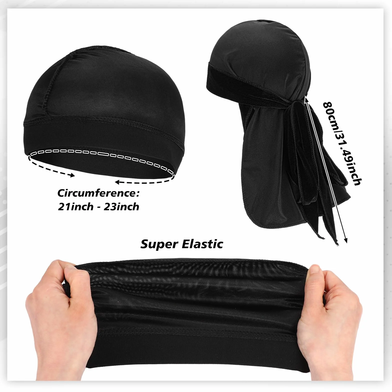 Aksamitny Durag dla mężczyzn z 1 czapką fali, miękka tkanina 360 fal doo, długie, podwójne, szerokie paski, jeden rozmiar pasuje do większości (czarny)