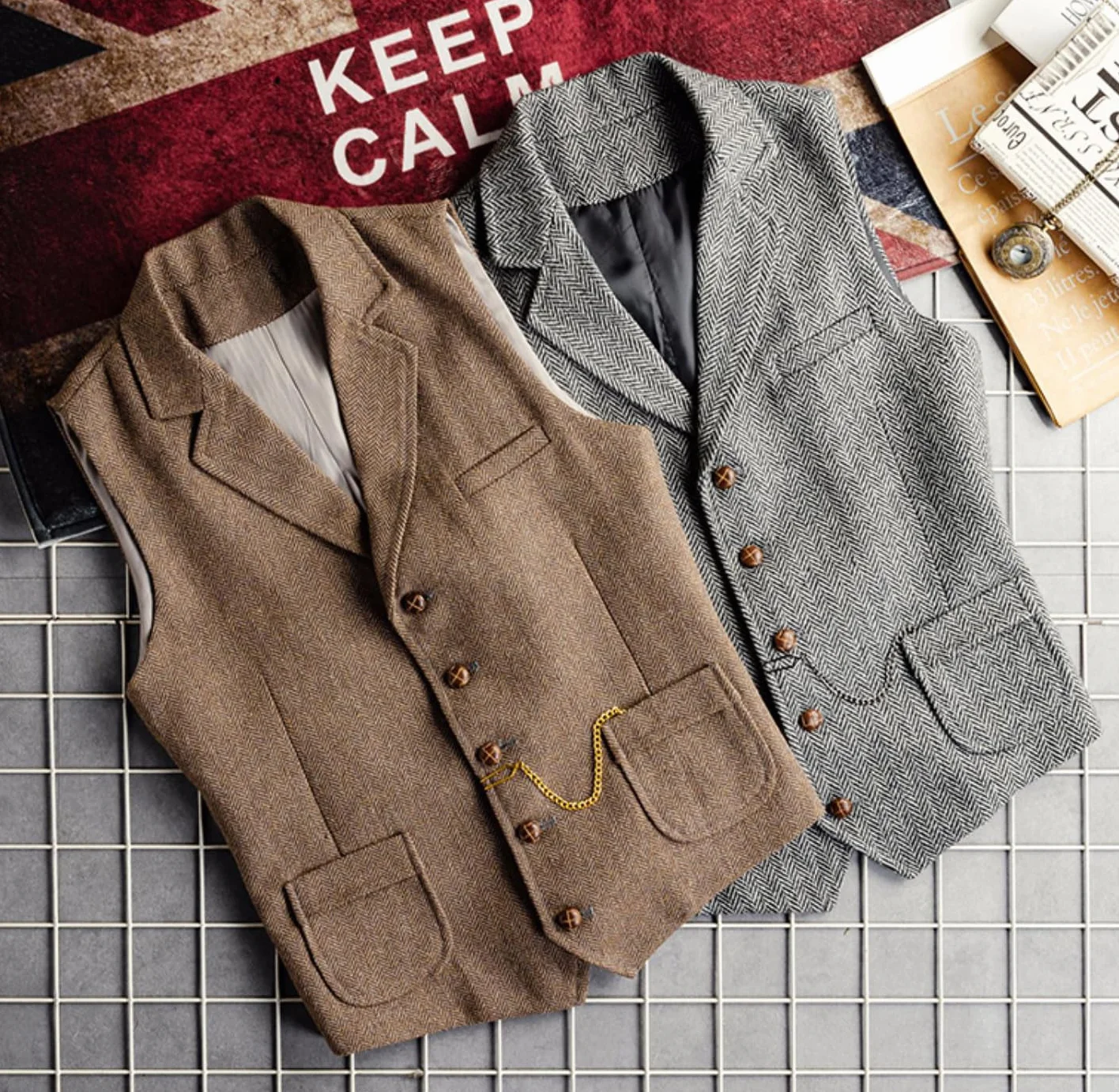 Tuikayoo Męska kamizelka Western Herringbone Tweed Garnitur Wełna Slim Fit Wełna