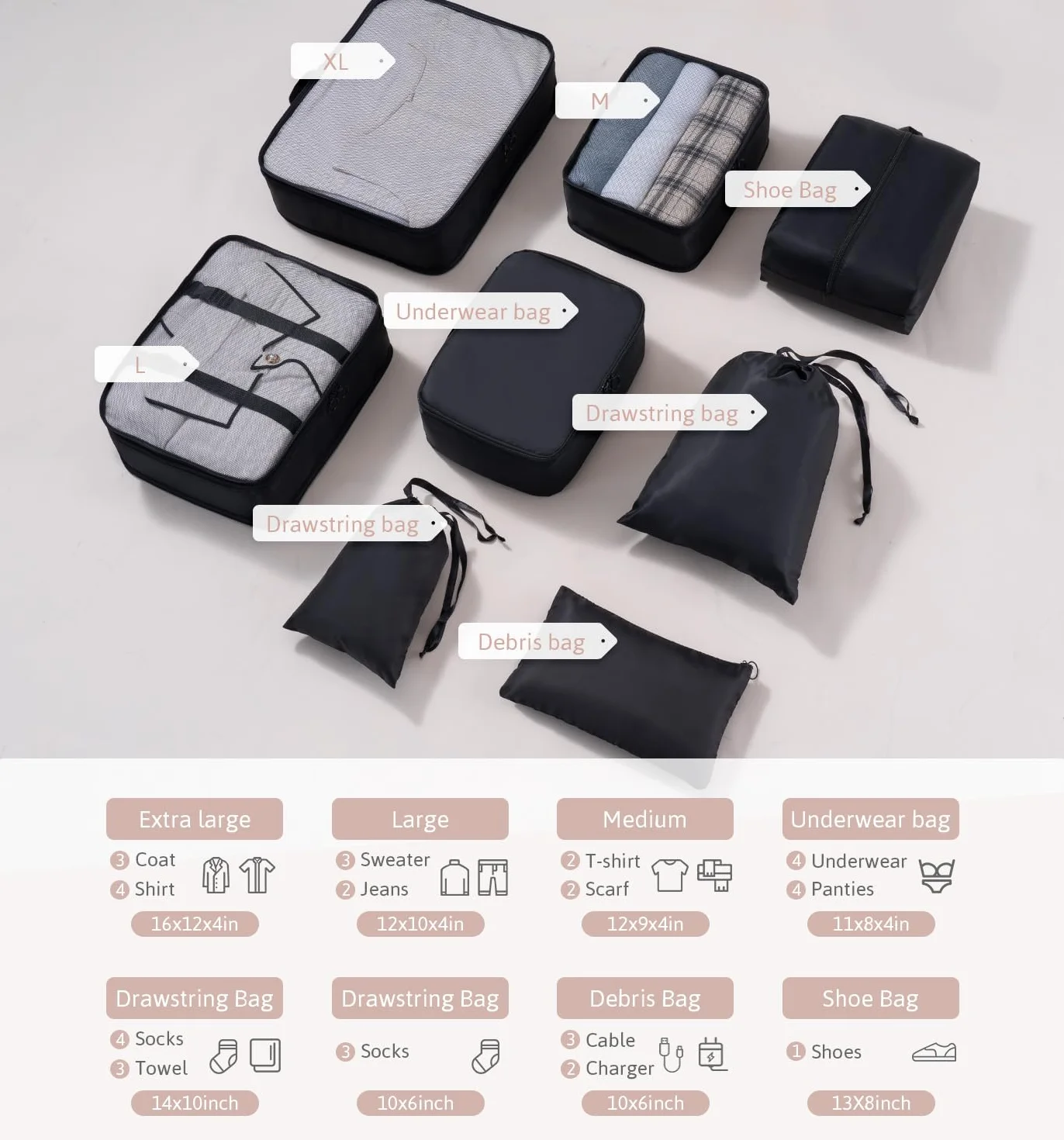 Meowoo Organizator Bagażu 8 w 1 Zestaw Organizator Walizek Bagażu Packing Cubes for Travel z Torbą na Buty, Czarny Organizer Podróży Jest Idealny do Przechowywania Akcesoriów Podczas Podróży