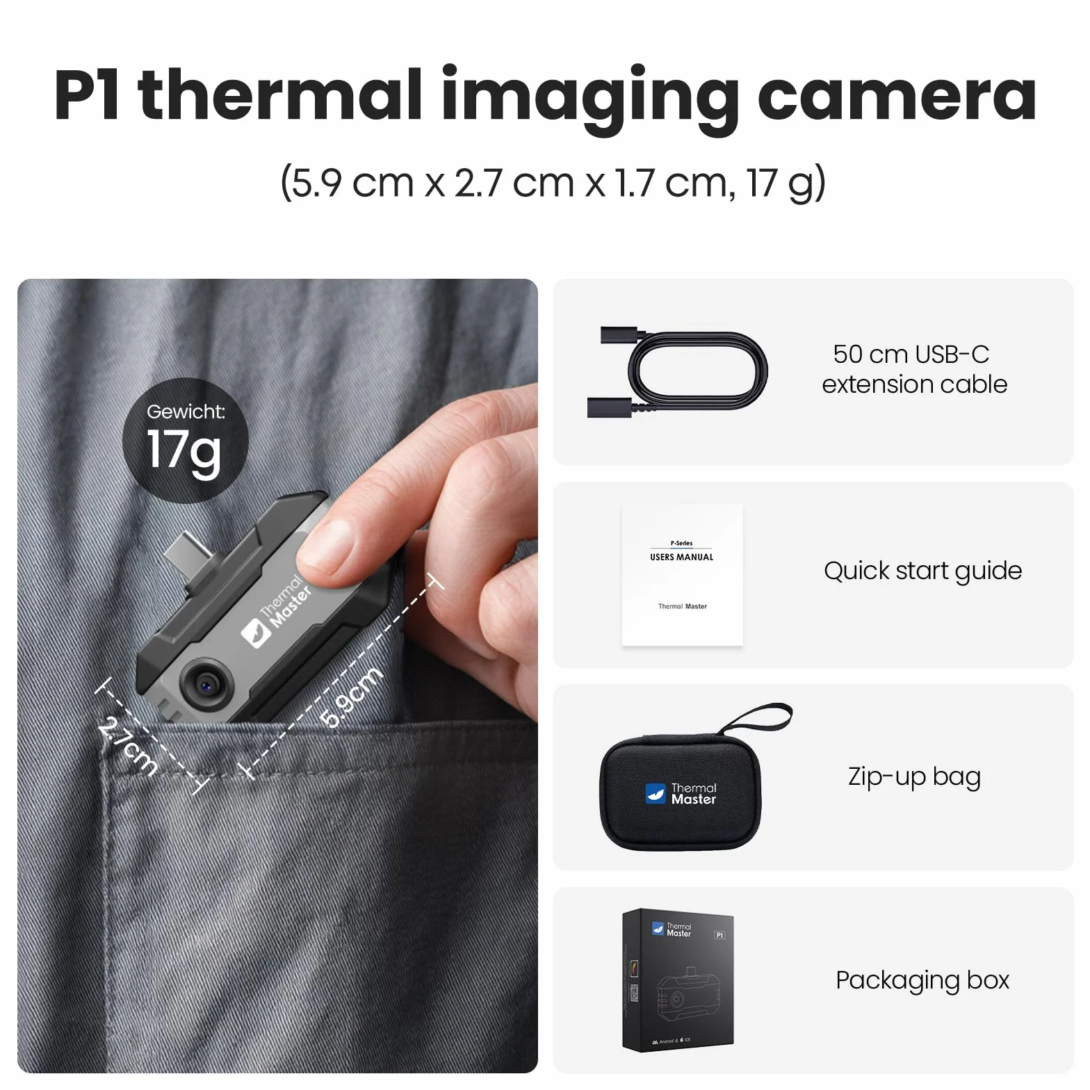 Thermal Master P1 Kamera Termowizyjna do Smartfonów USB-C (Android i iOS), Rozdzielczość IR 320×240 X³, -20°C do 600°C, 25 Hz, do Inspekcji Domu, HVAC i Elektro