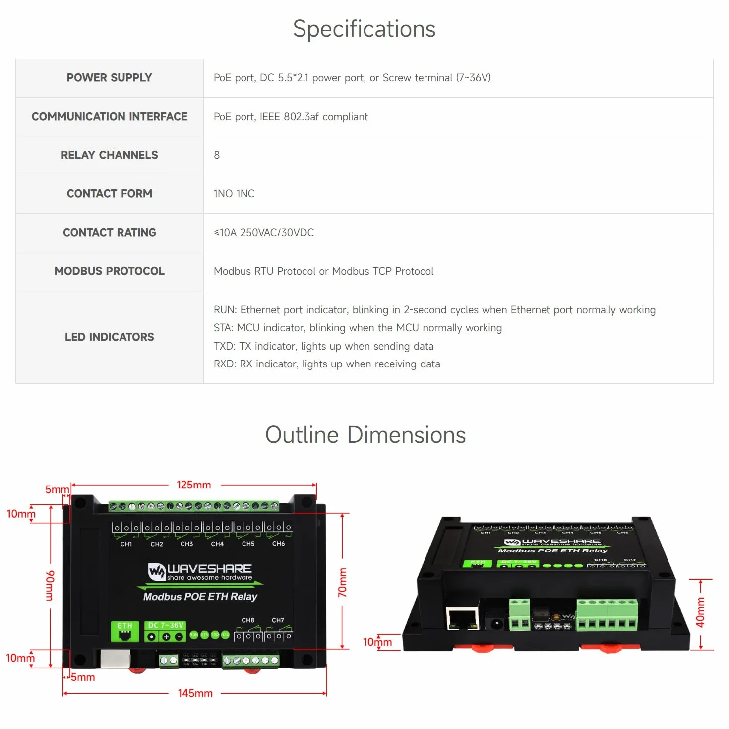 Waveshare 8-Ch Ethernet Relay Module, Modbus RTU/Modbus TCP Protocol, PoE Port Communication, with Various Isolation and Protection Circuits, Industrial Grade Rail-Mount Case