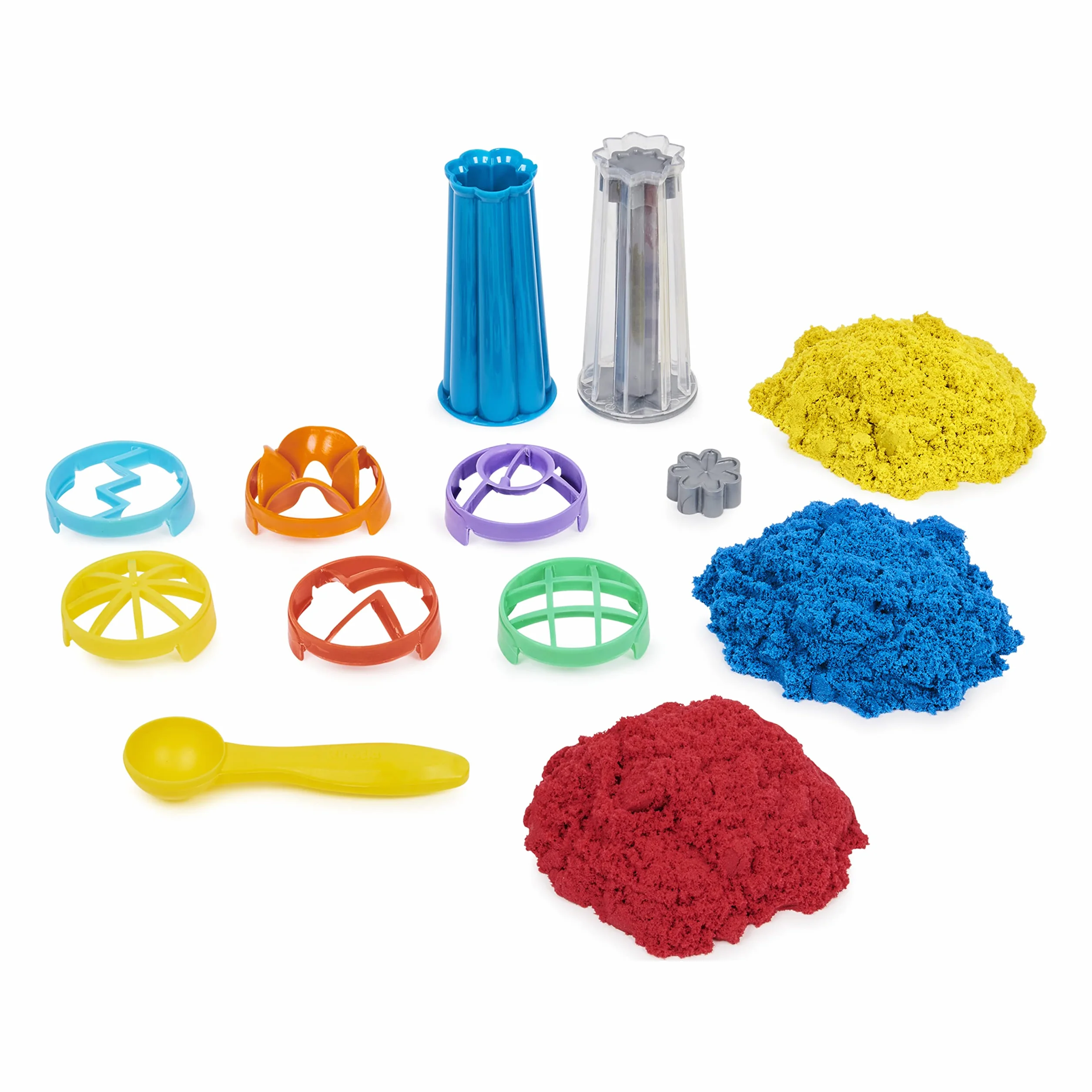 Kinetic Sand, Fontanna piasku, 3 kolory piasku kinetycznego z 10 akcesoriami, dla dzieci od 3 lat