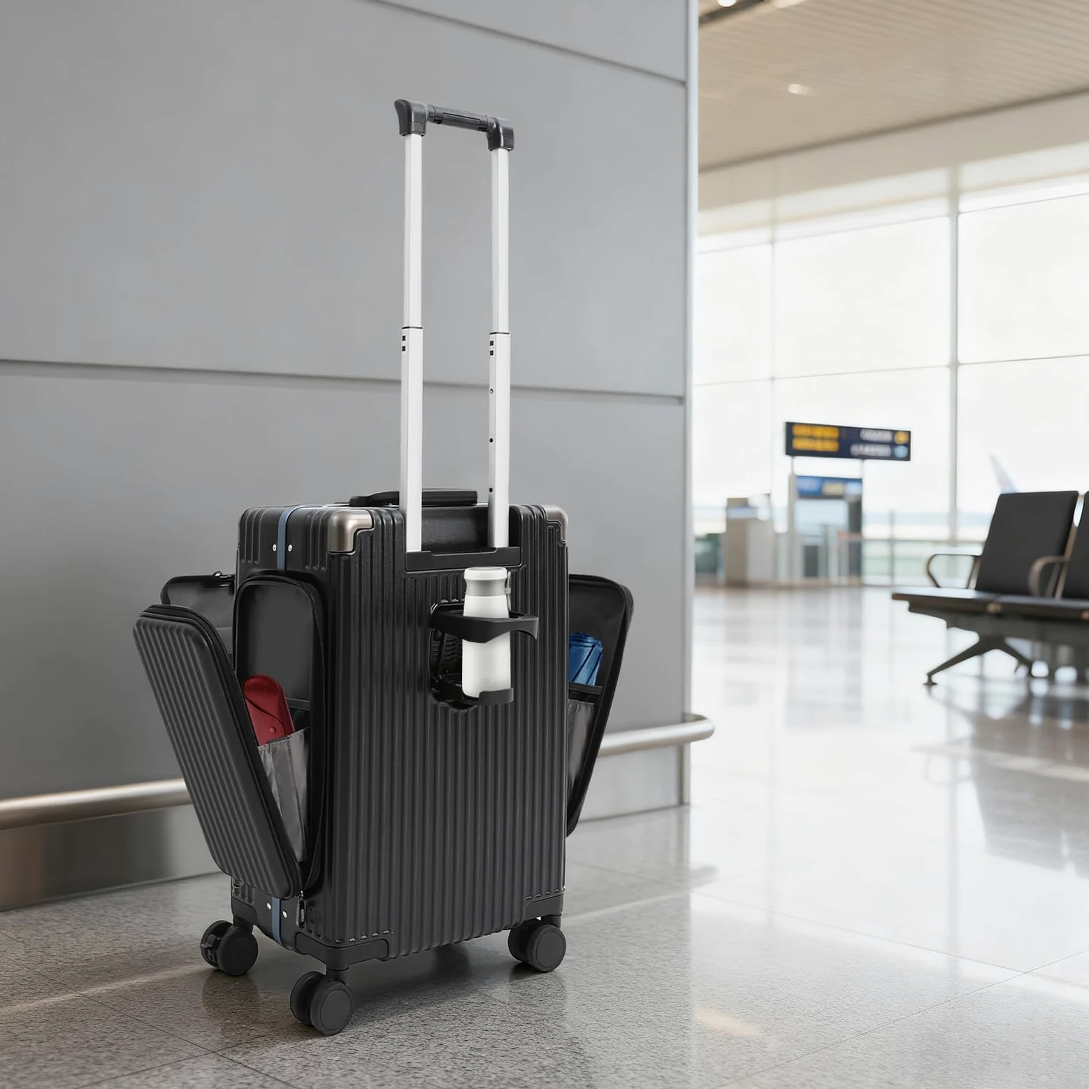 Wielofunkcyjna walizka podróżna na kółkach, trzy otwory, z uchwytem na napoje, zamkiem szyfrowym, portami USB i typu C, nośność ok. 75 kg, czarny, 20 Zoll, Nowoczesny
