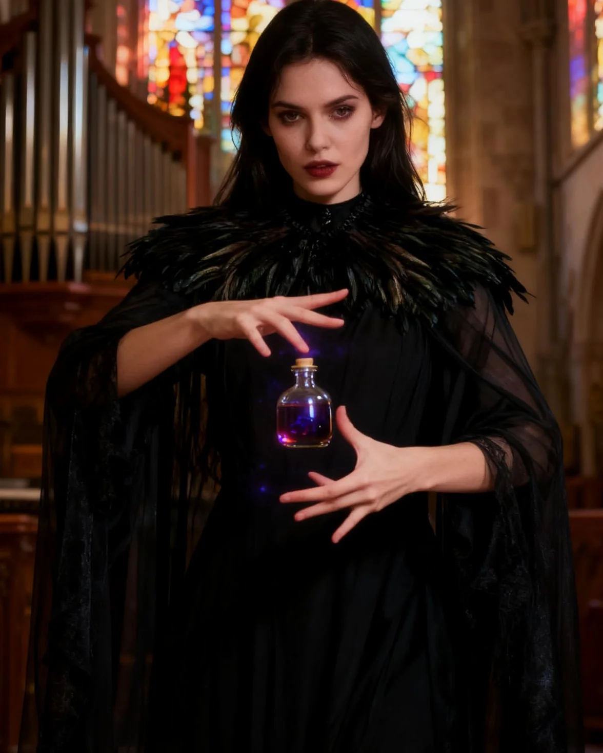 keland Czarna tiulowa peleryna długa z kołnierzem sprężynowym Pióro Cape Halloween Maleficent akcesoria (czarna)