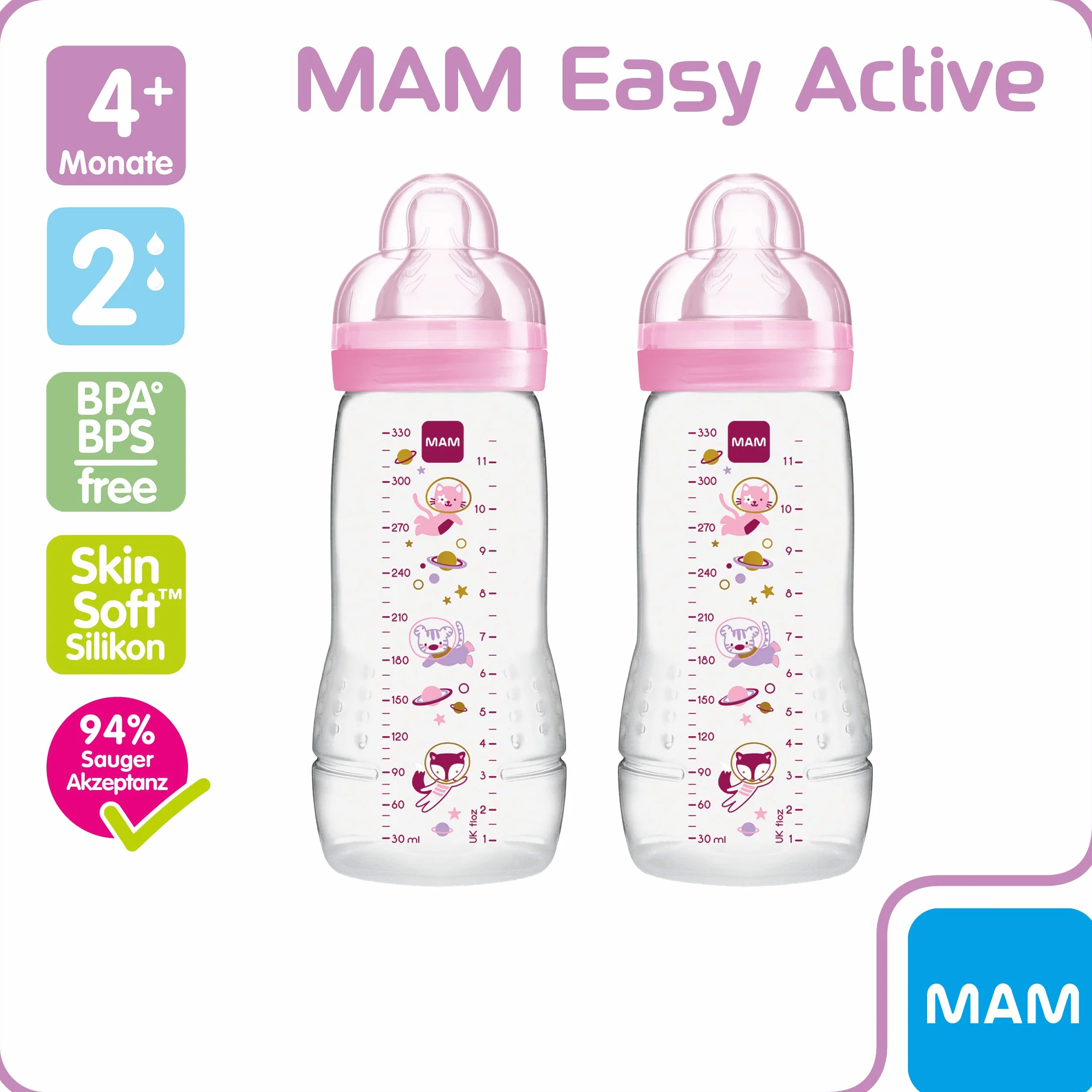 MAM Easy Active butelka do picia w zestawie 2 szt. (330 ml), butelka do picia dla niemowląt wraz z przyssawką MAM rozmiar 2, z silikonu SkinSoft, butelka na mleko o ergonomicznym kształcie, 4