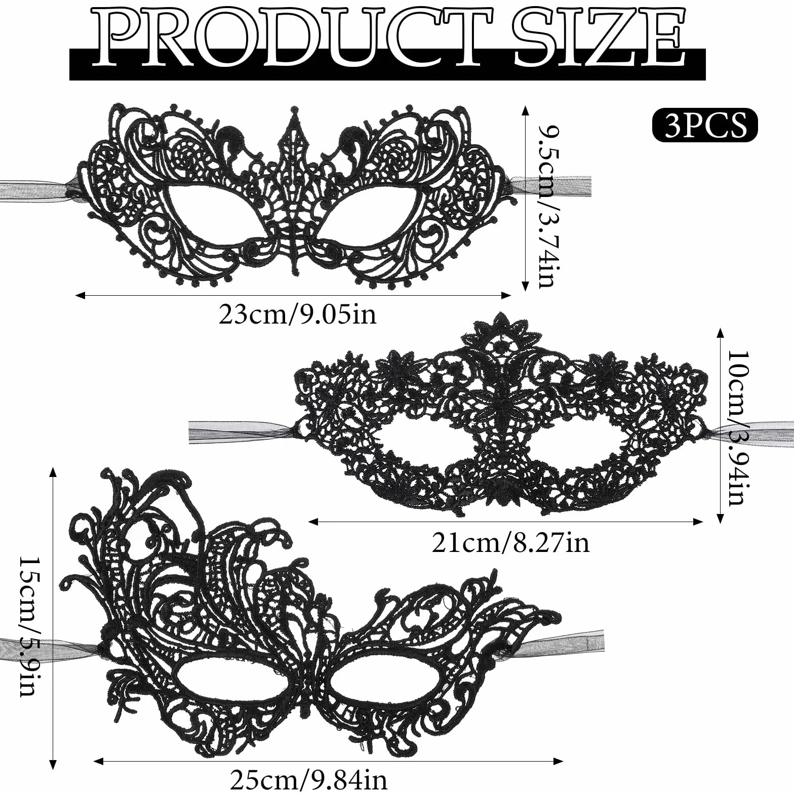 Lusofie 3 sztuki maski na bal maskowy, czarna, wenecka, damska maska koronkowa, maska na oczy, maskarada, regulowane ramiączka, na karnawał, maskaradę, imprezę, do kostiumu, sukni wieczorowej, tańca