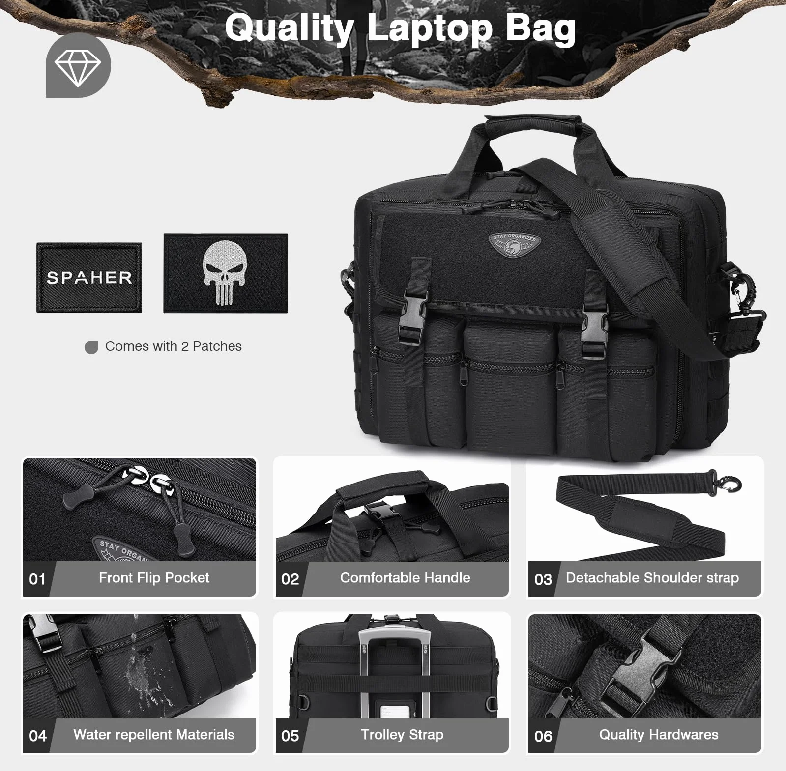 SPAHER Teczka Męska Torba na Laptopa 17,3 Cala Torba do Pracy Biznesowa Taktyczna Wodoodporny Komputer Biurowy Torba Wojskowa Męska Messenger Bag dla Mężczyzn z Regulowanym Paskiem