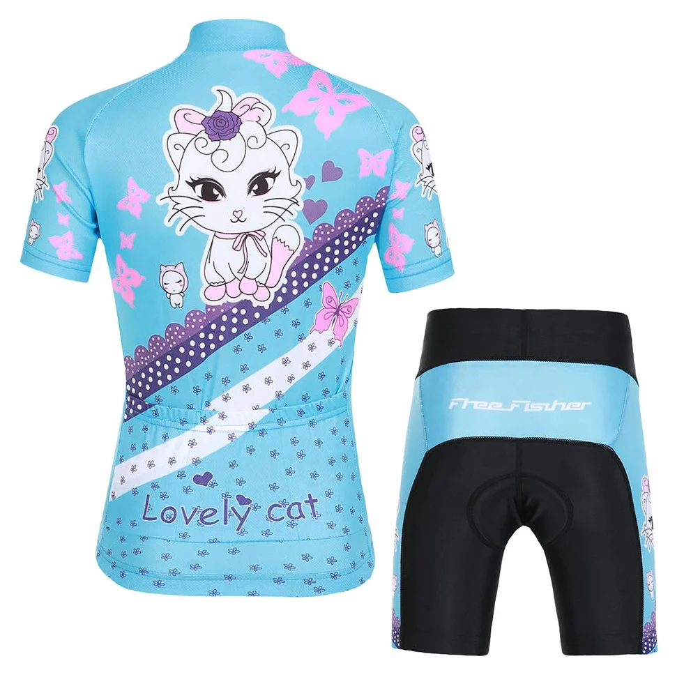 Zestaw rowerowy dla chłopców i dziewczynek, Quick Dry, koszulka z krótkim rękawem + spodnie rowerowe, oddychający kombinezon rowerowy, błękitny, 122/128