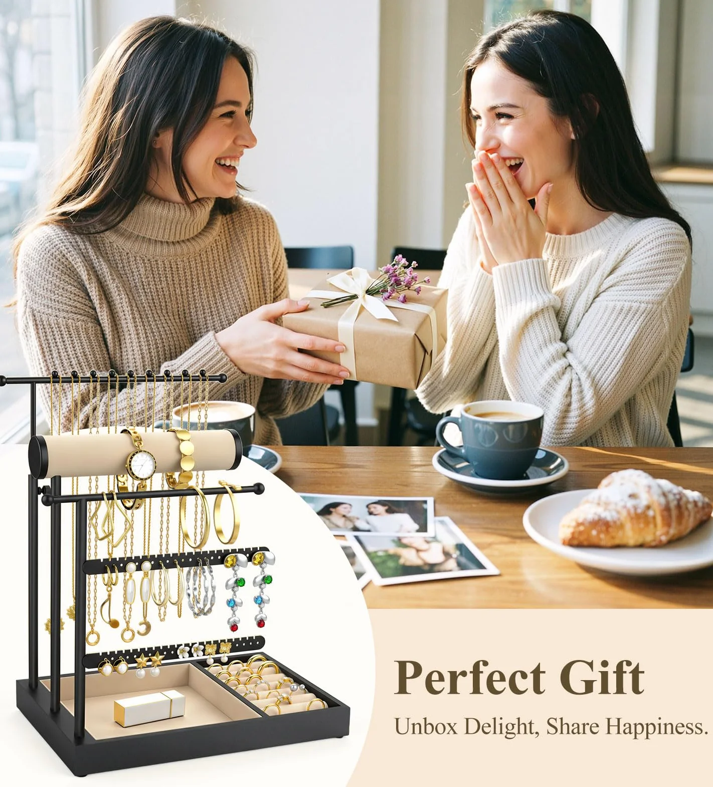 Emibele Necklace Holder, Jewelry Organizer Stand with Velvet Tray, Jewelry Organizer Tower for Earrings, Bracelets and Necklaces, Elegant Necklace Tower Accessory Storage Gifts for Women, Black