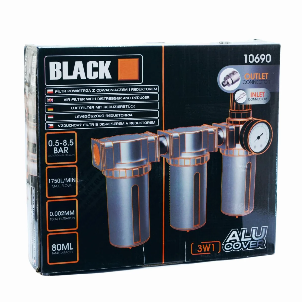Black FILTR ODWADNIACZ ODOLEJACZ REDUKTOR SEPARATOR POWIETRZA KOMPRESOR 1/2 BLACK