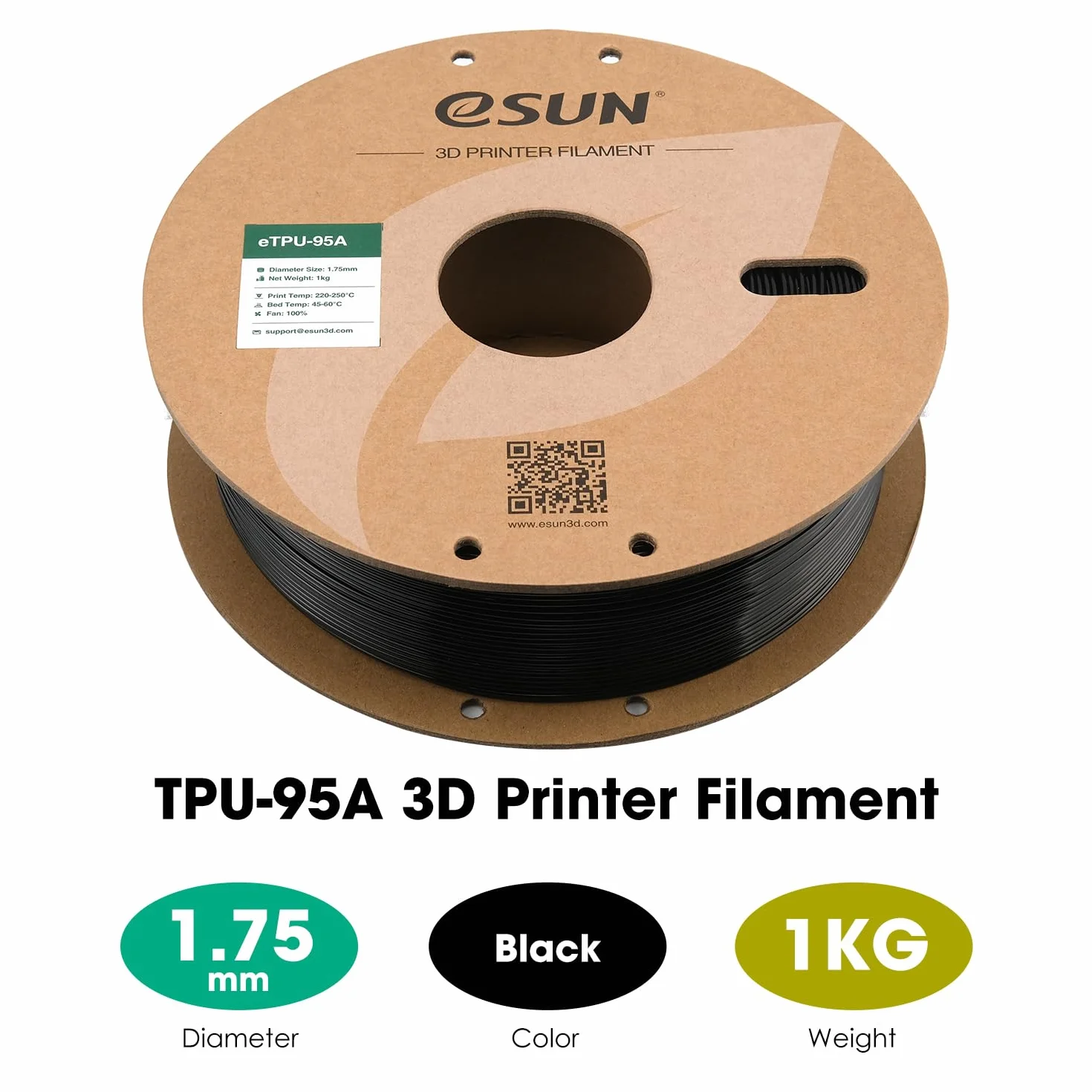 eSUN TPU 95A Filament 1,75 mm, Elastyczny Termoplastyczny Poliuretan (TPU), Dokładność Pomiaru +/- 0,05 mm, Szpula do Drukarki 3D w Opakowaniu Próżniowym, Czarny