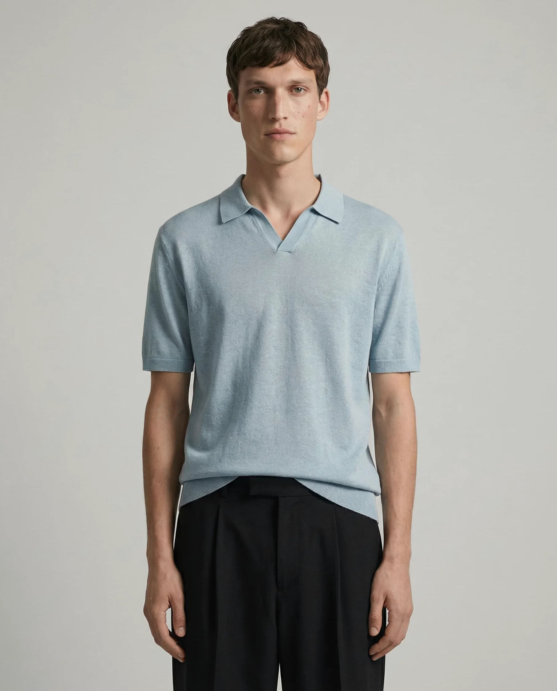 Diana Studio 100% lniana koszulka polo bez guzików, męska, z krótkim rękawem, casualowy, XL, jasnoniebieski