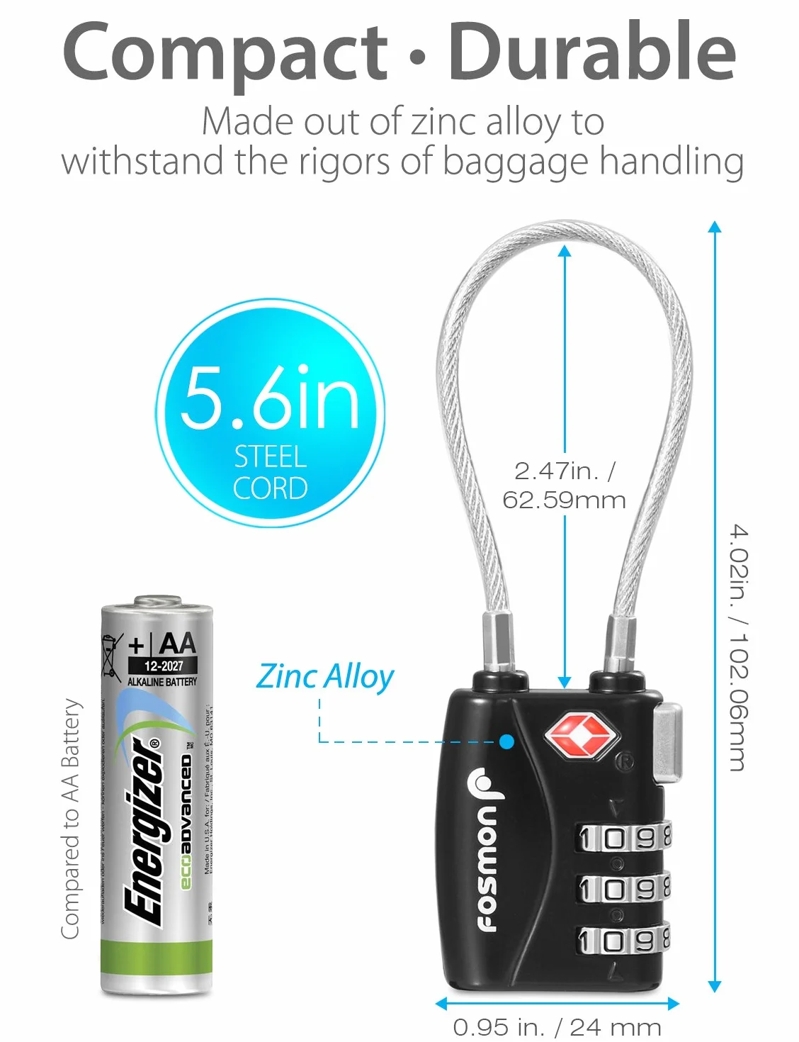 Fosmon kabel szyfrowy TSA 3-cyfrowy zestaw 3 szt czarny