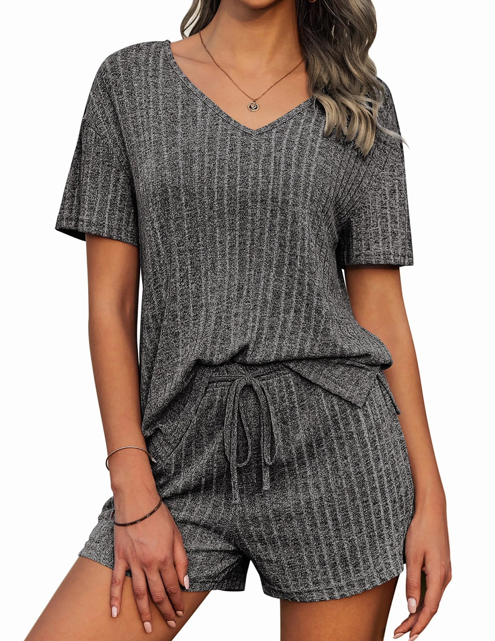Ekouaer Piżamy Damskie Sexy Casual Krótkie Rękawy Lato Dwuczęściowe Zestawy Sznurek S-XXL
