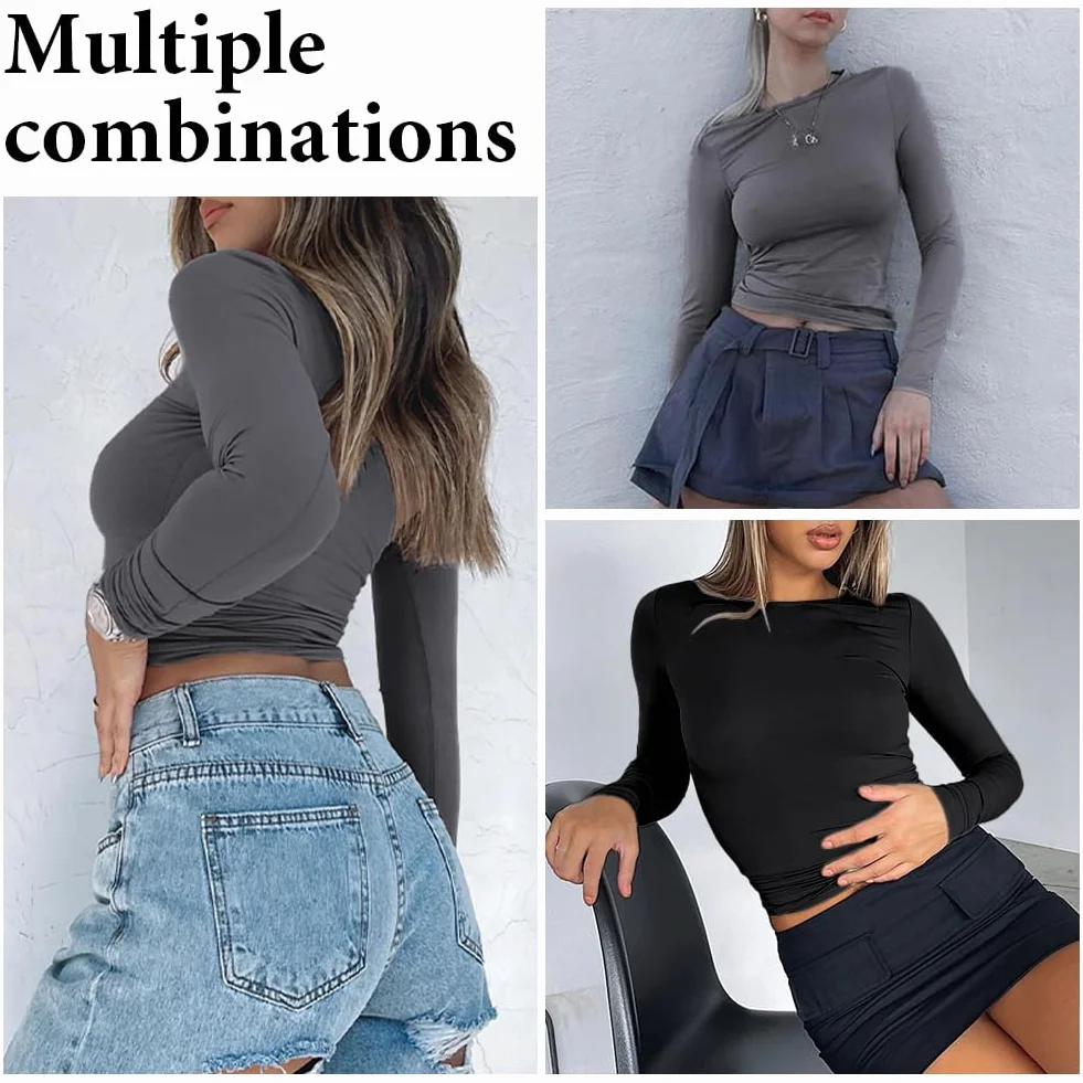 flintronic Koszulka z długim rękawem Slim Fit damska z długim rękawem Crop Top Y2K Slim, jednokolorowa koszulka basic crop tops, krój na co dzień, okrągły dekolt