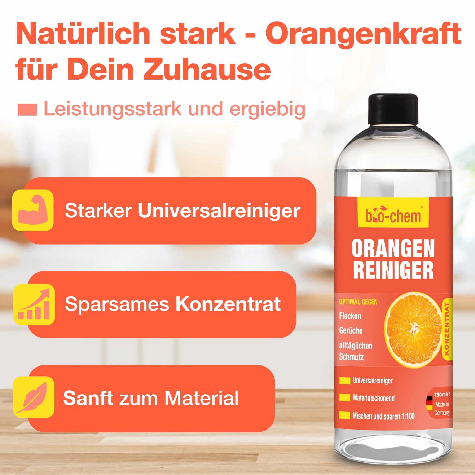 bio-chem Koncentrat do czyszczenia pomara?czy, 750 ml, w zestawie butelka z rozpylaczem mocny uniwersalny ?rodek czyszcz?cy o przyjemnym pomara?czowym zapachu wydajny koncentrat do czyszczenia z