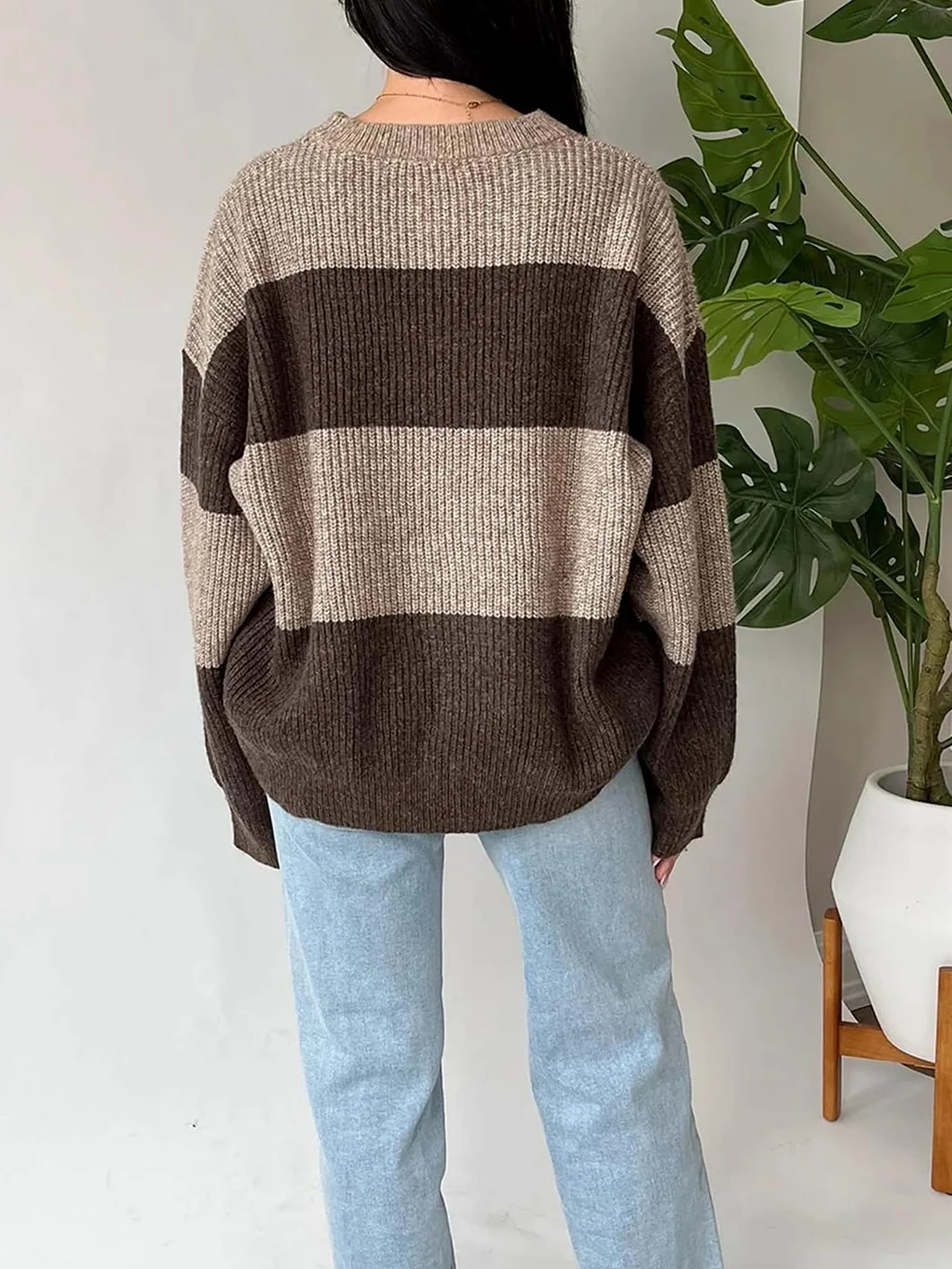 Damski sweter w jednolitym kolorze zimowy luźny długi rękaw modny dzianinowy S oversize sweter z prążkowanym okrągłym dekoltem