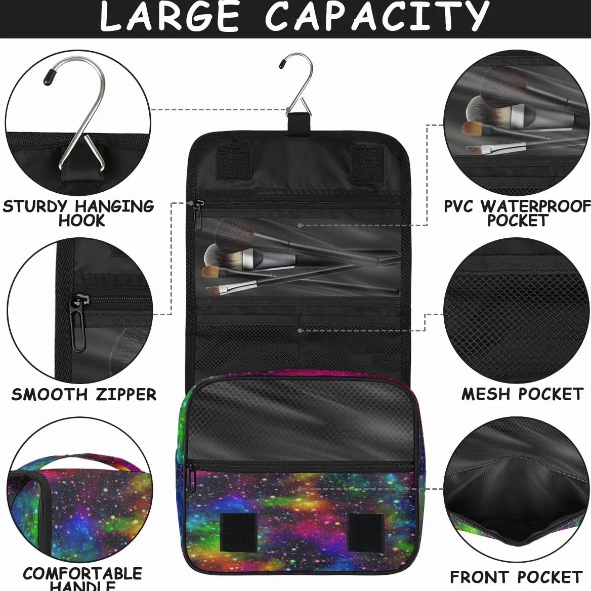 Galaktyka Kolorowa Podróżna Kosmetyczka Abstrakcyjna Galaktyka Mycie Torba Unisex Wiszące przybory toaletowe Kosmetyczka Organizer do makijażu, wielobarwny, Jeden rozmiar