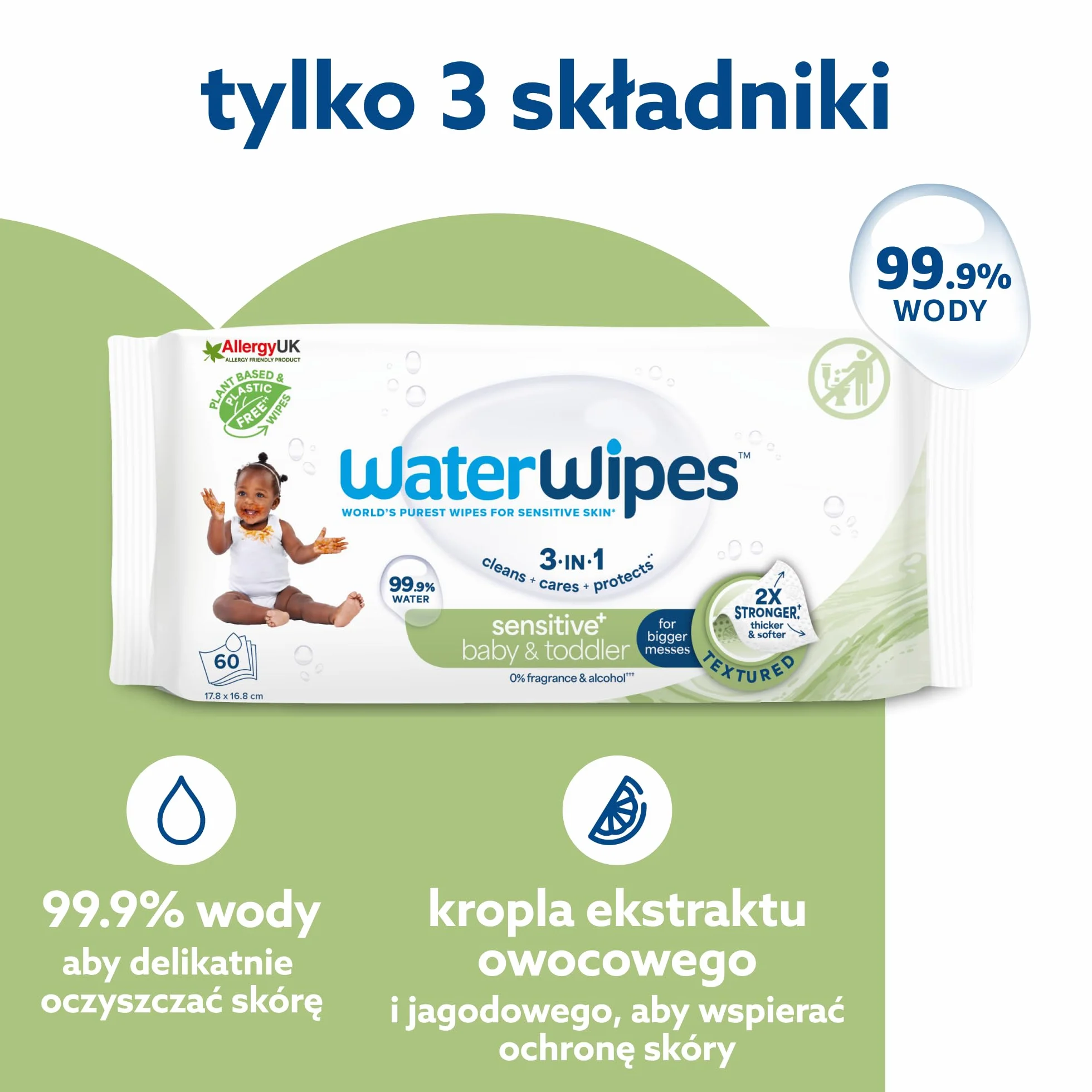 WaterWipes Sensitive+ Baby & Toddler Wipes, Chusteczki dla niemowląt i małych dzieci, 240 sztuk (4 opakowań), 3 w 1: delikatnie oczyszczają, pielęgnują, chronią, 99.9% wody, bezzapachowe