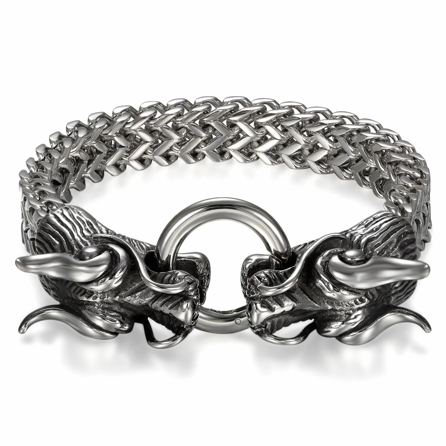 JewelryWe Biżuteria ze smokiem, męska bransoletka wikingów, gotycki, smok, łańcuszek pancerka, bransoletka ze stali nierdzewnej, na prezent dla mężczyzn