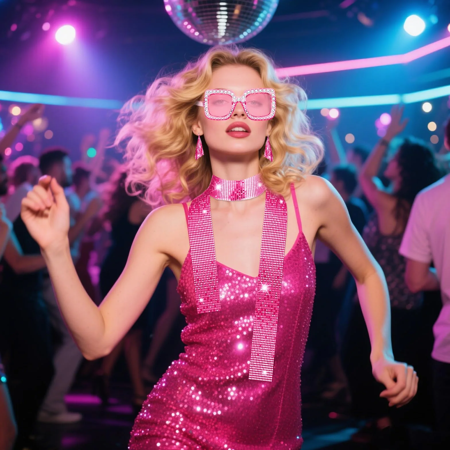 3-częściowy zestaw kostiumów disco z lat 70. dla kobiet, zestaw błyszczących akcesoriów disco z różowymi pajęczynami, słonecznymi okularami i kolczykami na Halloween, karnawał, faszynek