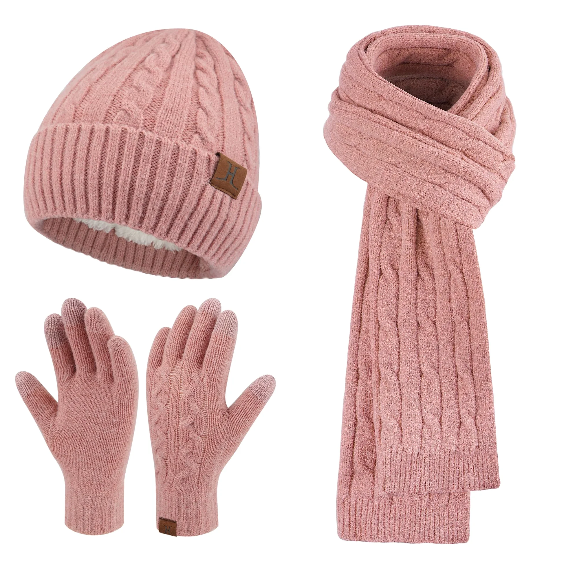 ZASFOU Zestaw zimowy - damska czapka, szalik, rękawiczki do ekranu dotykowego, termiczna, dzianinowa czapka beanie, szalik zimowy, rękawiczki zimowe, prezent dla kobiet, Rosa, jeden rozmiar