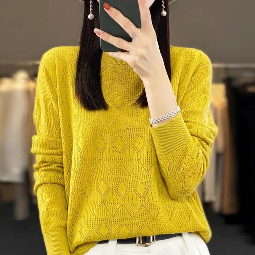 Sweter Damski Z Mieszanki Wełny, Z Okrągłym Dekoltem, Z Geometrycznym Wzorem, Miękki, Swobodny, Luźny, Z Długim Rękawem, Wiosenny-En8-Medium